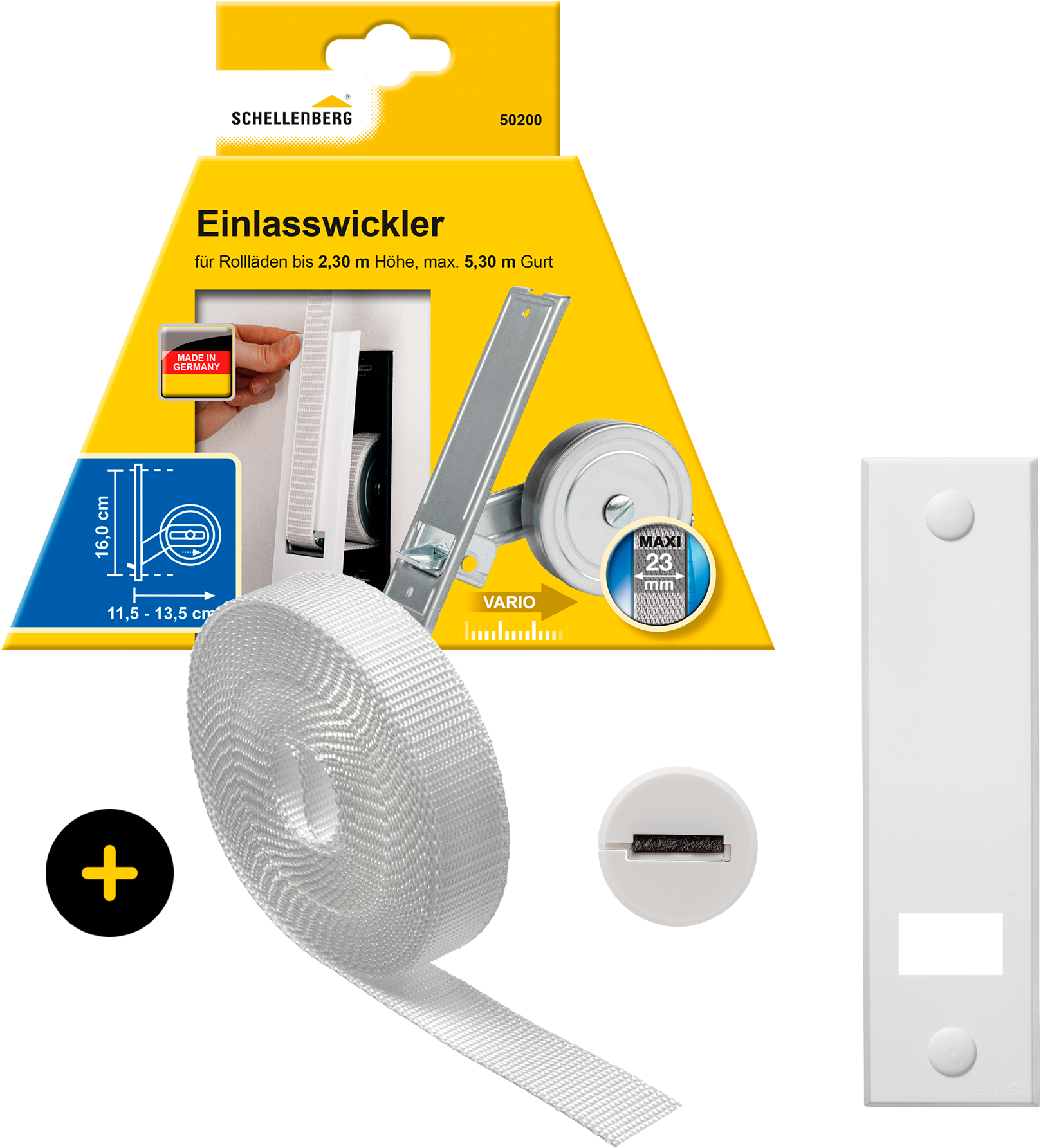 SCHELLENBERG Einlass-Gurtwickler "inkl. Abdeckplatte, Gurtführung, Rollladengurt grau oder weiß" Set, 1 Stk. tlg. Unterputz Gurtwickler 16 cm Lochabstand für das Rollladensystem Maxi