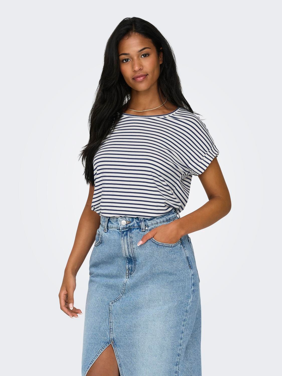 Kurzarmshirt ONLY "ONLMOSTER STRIPE S/S O-NECK TOP JRS NOOS", Damen, Gr. L (40), weiß (cloud dancer stripes:naval academy), Jersey, Obermaterial: 75% Viskose, 20% Polyester, 5% Elasthan, gestreift, regular fit normal, Rundhals, Aufschlag, Shirts, gestreif 3