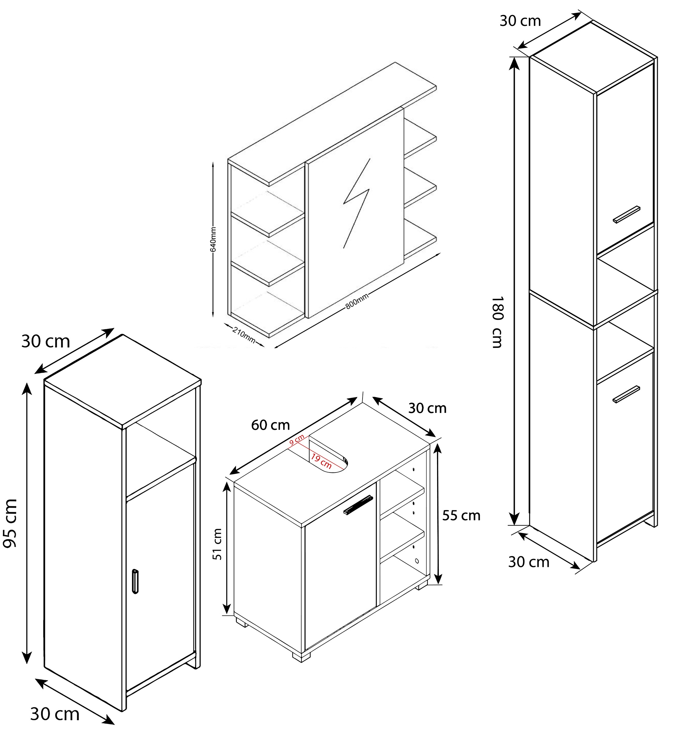 VCM Waschbeckenunterschrank »VCM 4-tlg. Badmöbelset | Badmöbel | Set aus Unterschrank, Midischrank, Hochschrank und Spiegelschrank | Badezimmermöbel - Zalo I«, (4 St.)