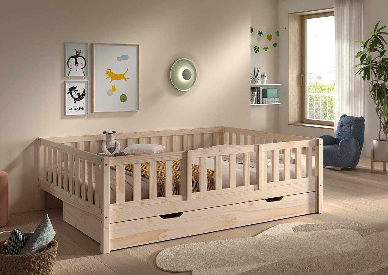 Vipack Daybett »Dallas Massiv Bett mit Rausfallschutz umbaubar vom Boden- zum Daybett« mit Bettschublade, wahlweise Kiefer massiv natur oder weiß