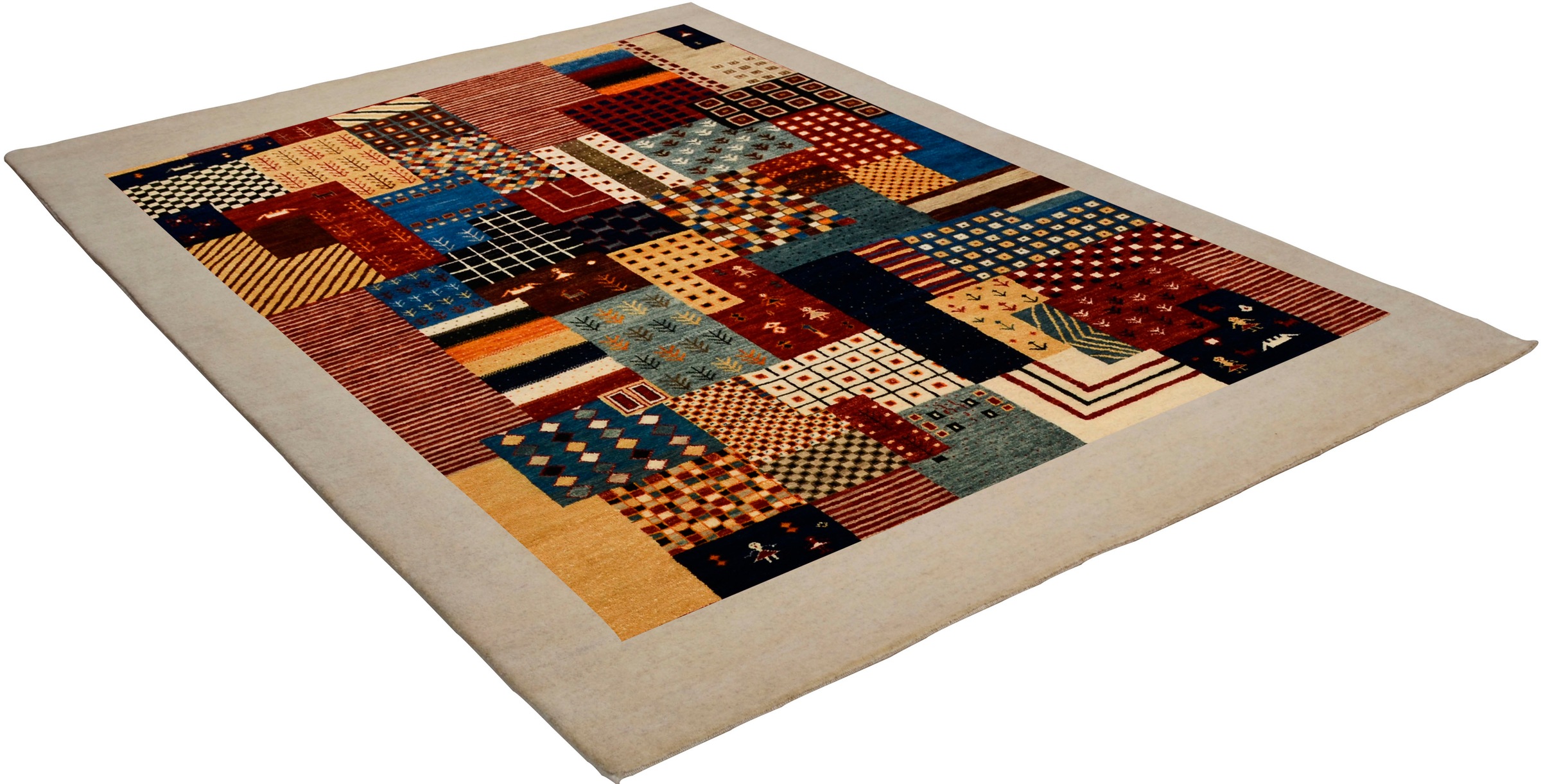 THEKO Wollteppich "Lori Astara 1425, handgeknüpft" rechteckig 16 mm Höhe reine Wolle, Patchwork Design, mit Bordüre, Wohnzimmer & Schlafzimmer