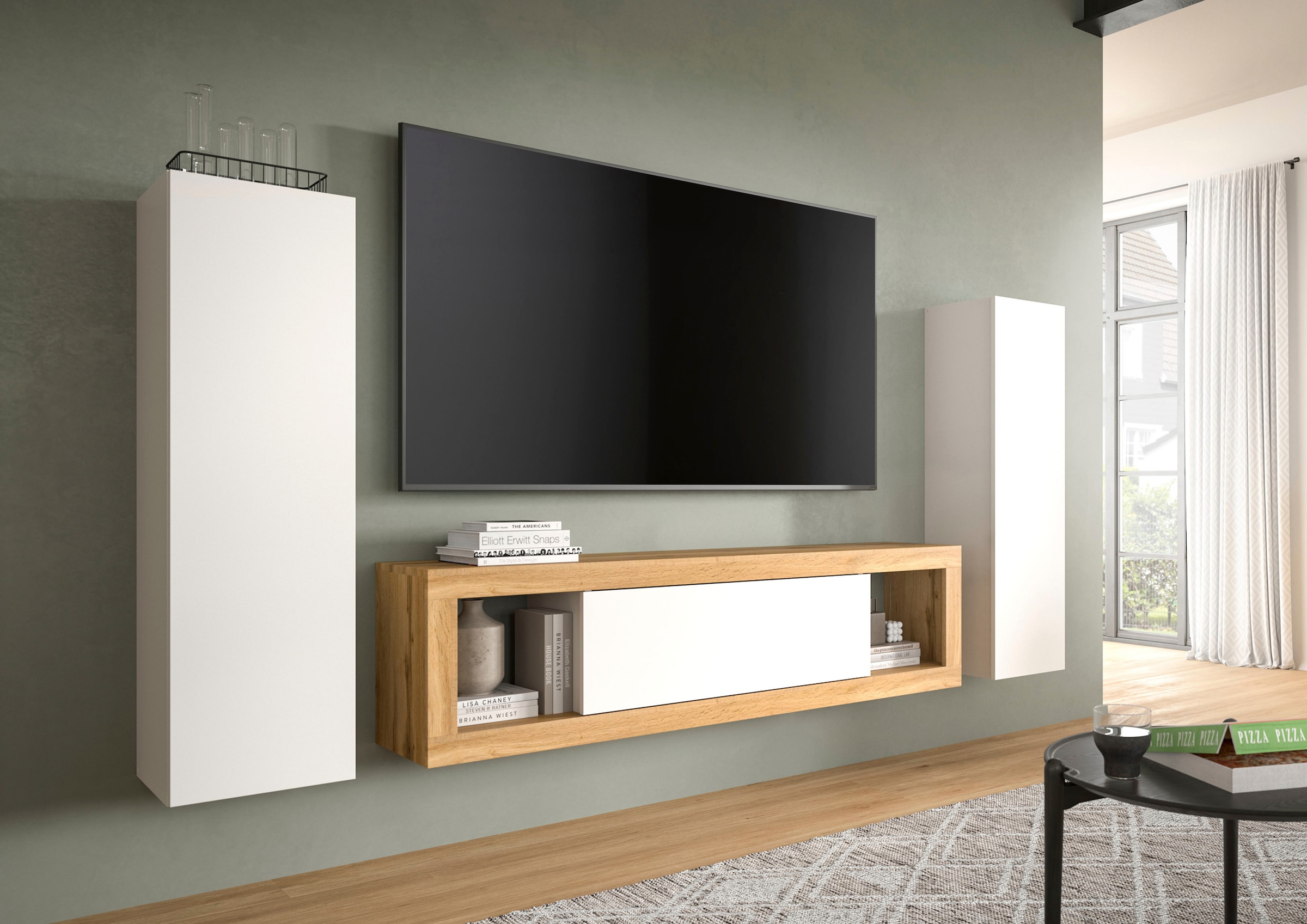 INOSIGN Lowboard »Trinity, Breite 180 cm, stehend und hängend, 1 Klappe,«, 2 offene Fächer, grifflose Fronten, TV-Möbel, TV Schrank, Hängeschrank
