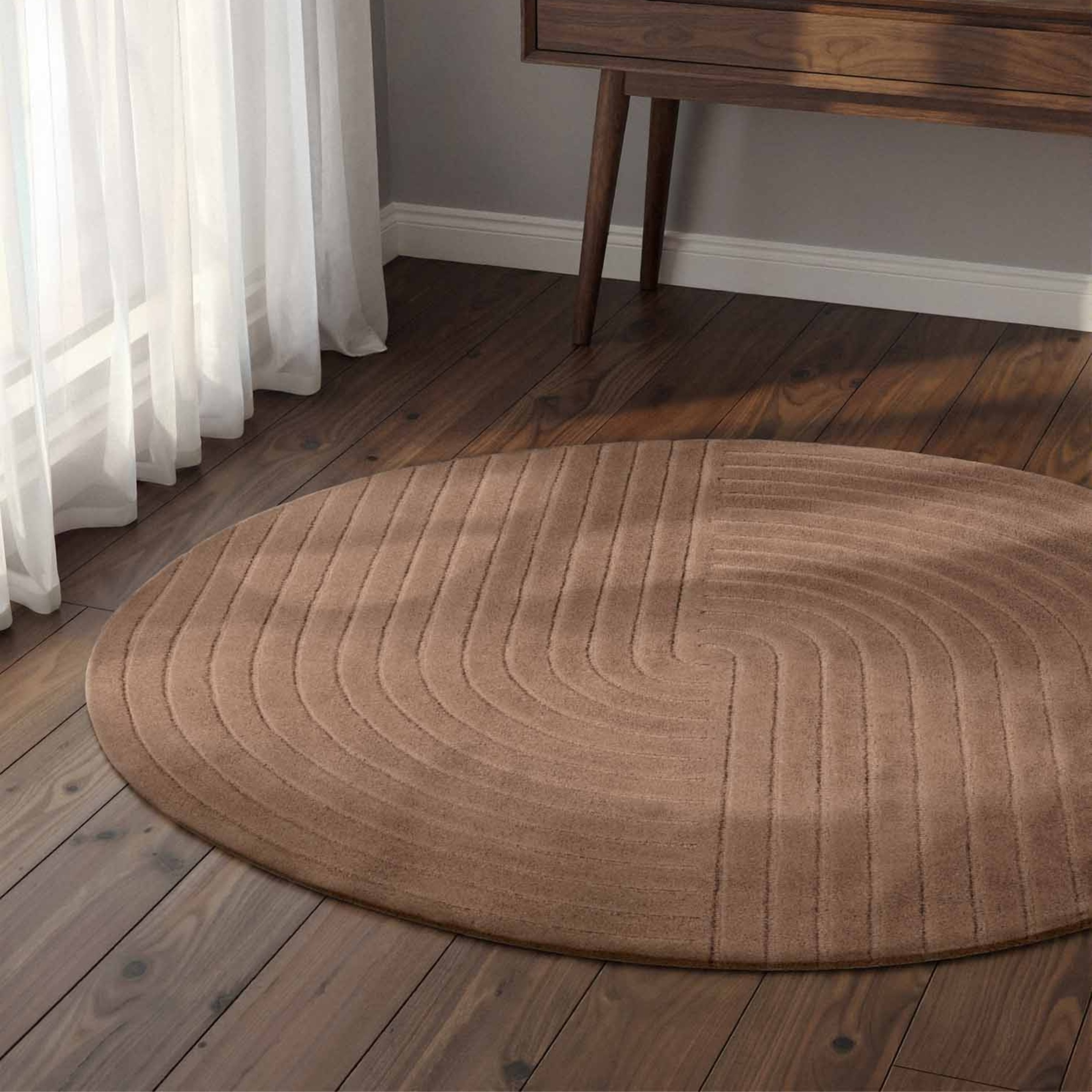Wollteppich VIKOSA "Arcura", beige, H:15mm Ø:150cm, Wolle, Teppiche, Wolle Handgemacht, Hoch-Tief-Effekt, Geometrisches Linien Wellendesign