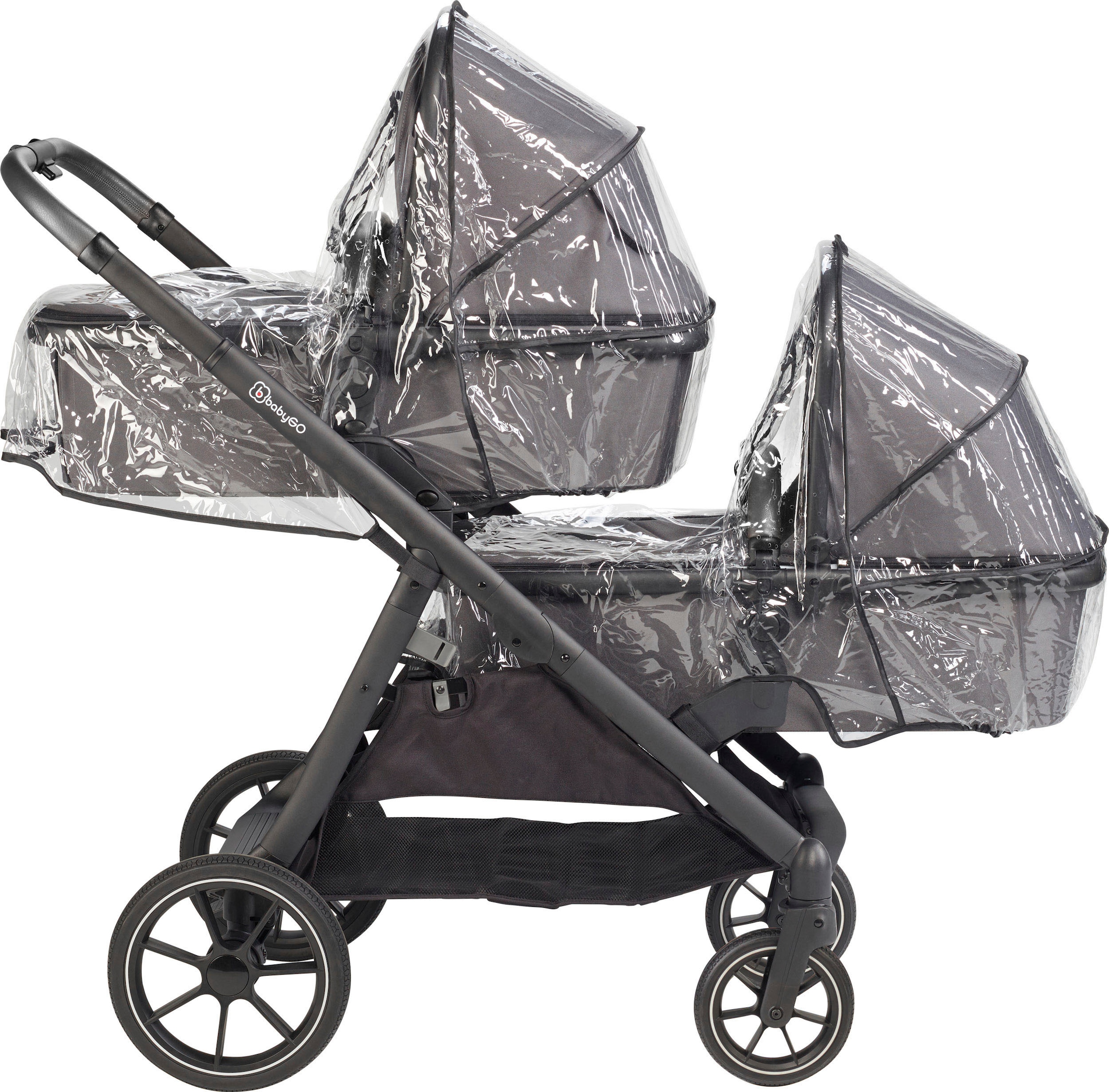 BabyGo Zwillings-Kombikinderwagen »Duo Mega Set, grau«, inkl. 2 Babyschalen mit Adapter, Wickeltasche u. 2 Regenhauben