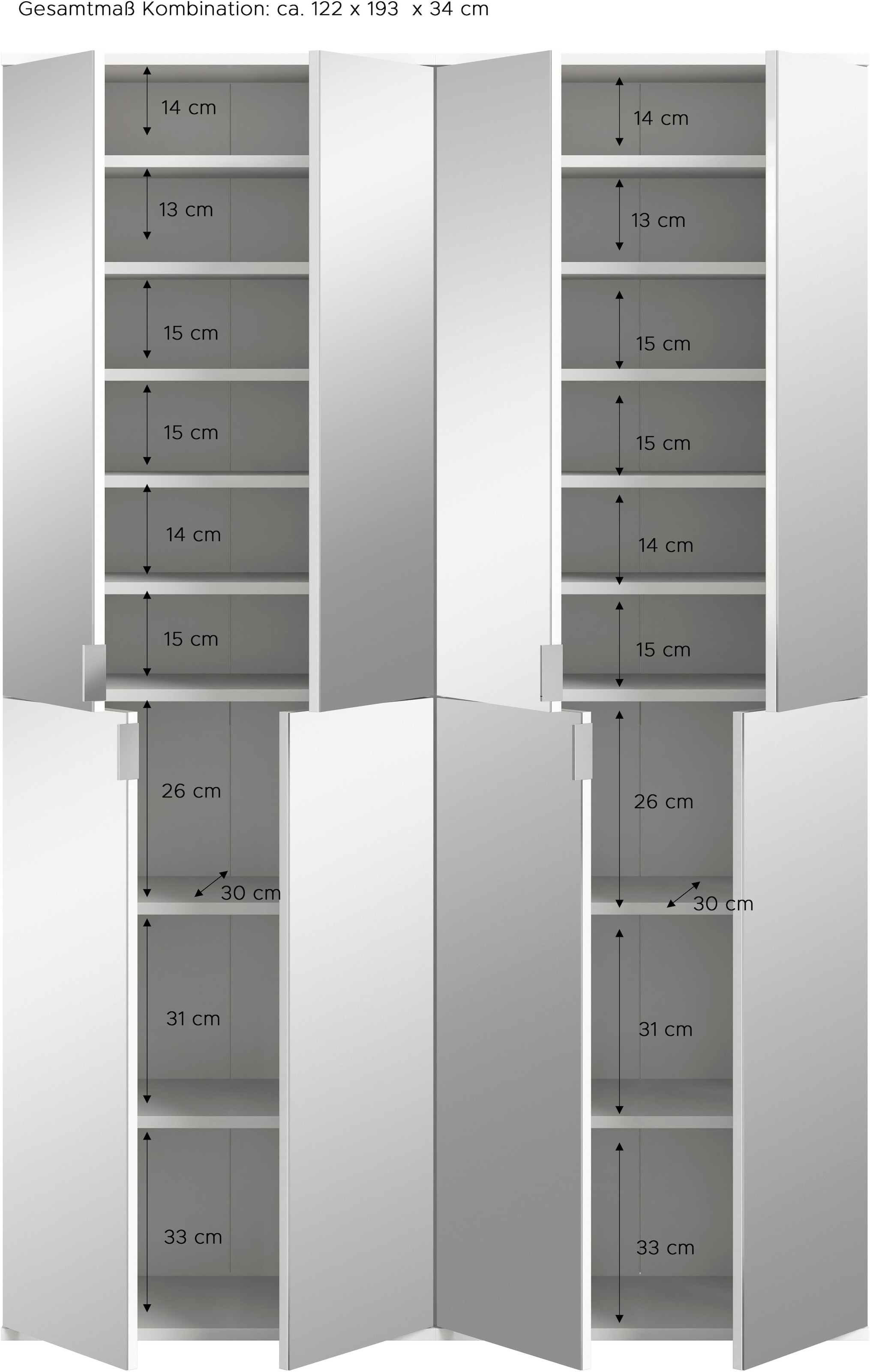 INOSIGN Garderoben-Set »Trondheim, Breite 122cm, best. aus 2 Schränken, 8 Türen, 18 Fächer«, (Set, 2 St.), inkl. ausziehbarer Kleiderstange, Garderobenschrank, Kleiderschrank
