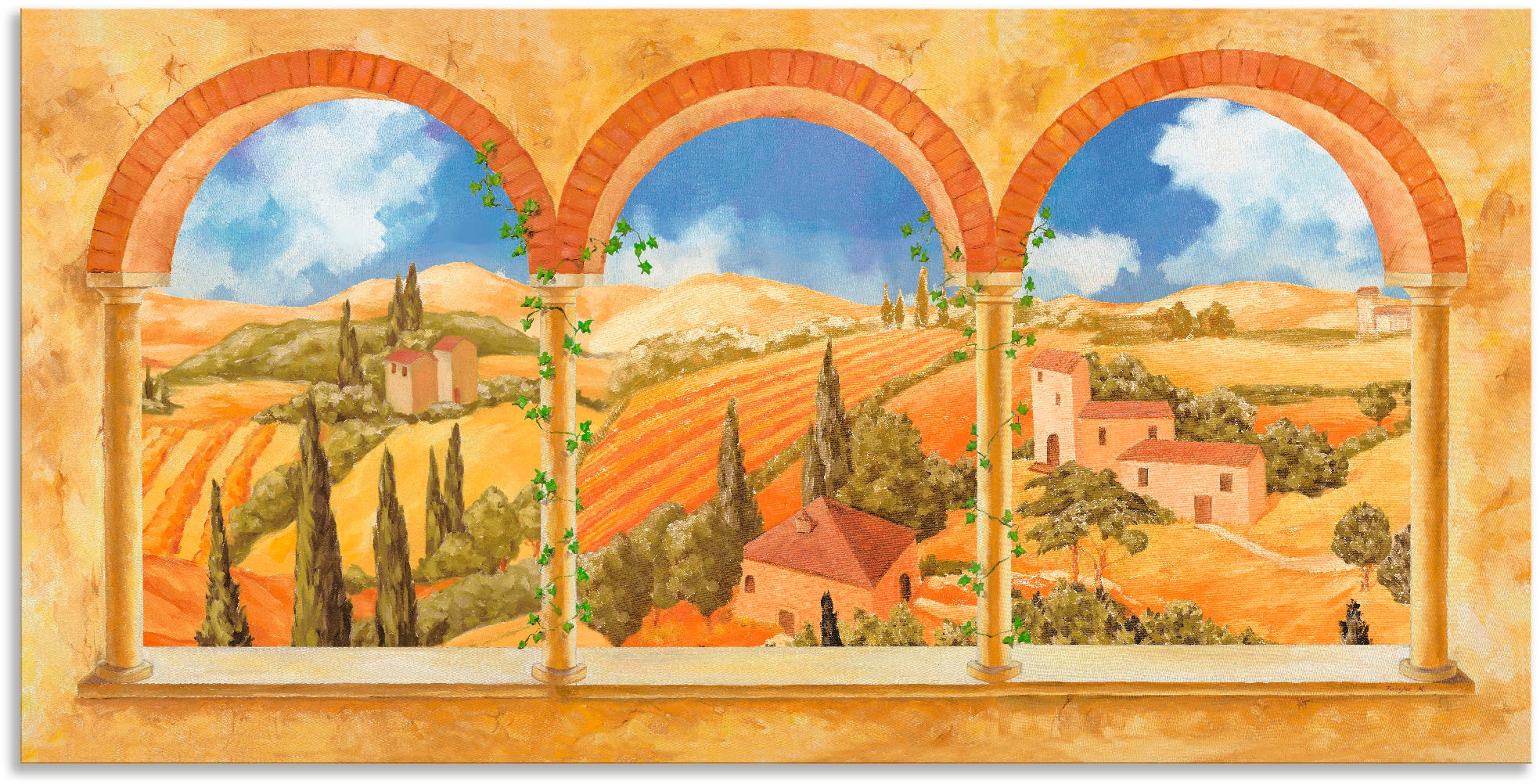 Artland Wandbild »Drei Torbögen mit | Poster in versch. Toskana«, als Blick bestellen Alubild, Wandaufkleber St.), Größen oder die Leinwandbild, (1 Fensterblick, in BAUR