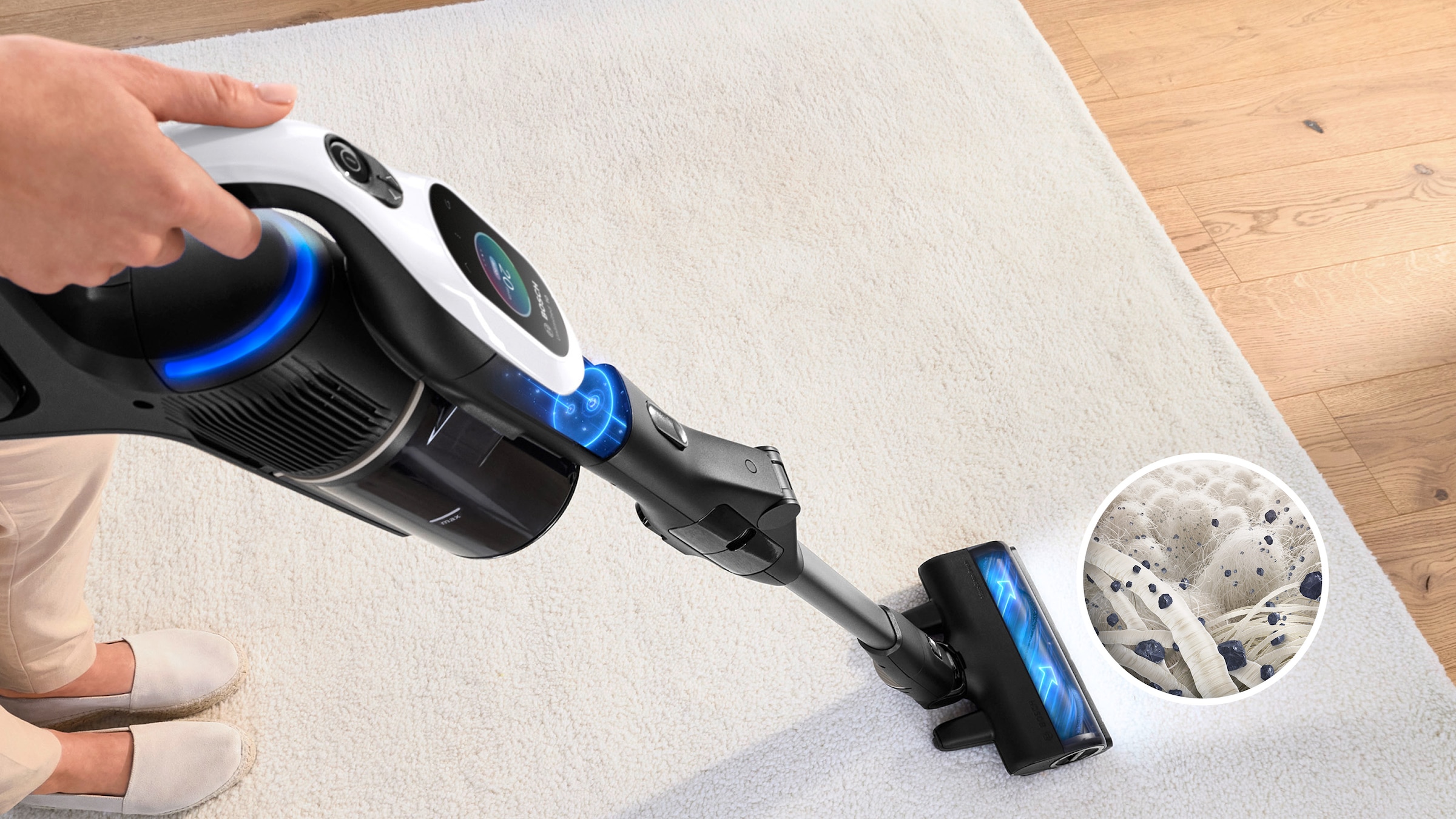 BOSCH Akku-Stielstaubsauger »Unlimited 10 BTS1042WAC, MicroClean™ Technology, 10 J. Motorgarantie«, Display, Knickrohr, HEPA-Filtersystem, Schnellladegerät, 2 Akkus, weiß