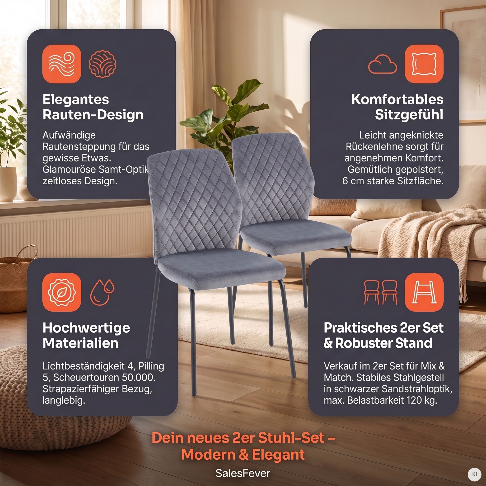 SalesFever 4-Fußstuhl »Esszimmerstuhl mit elegantem Stil« (Set) 2 Stk.2er Set mit eleganter Wabensteppung im Rücken