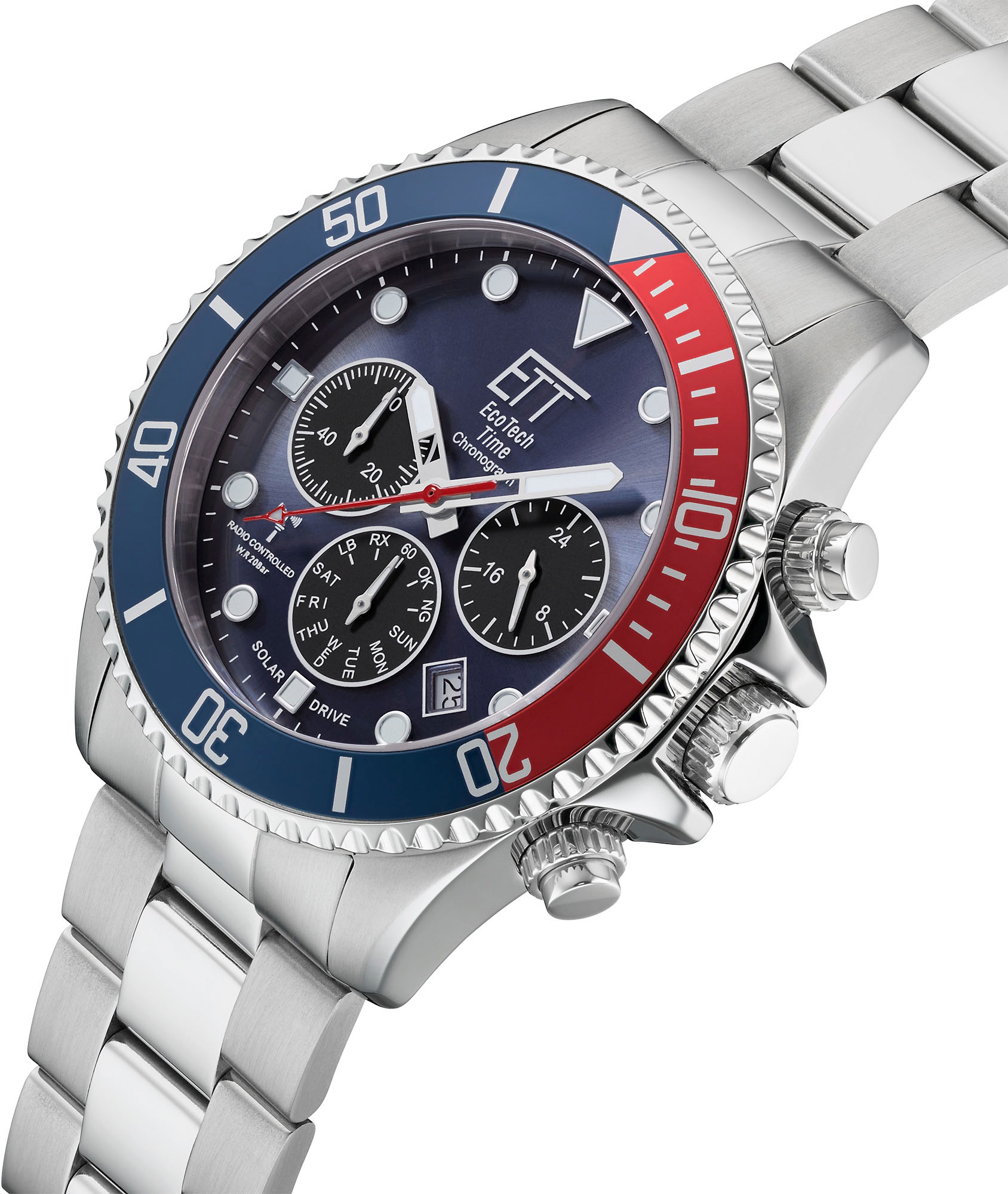 ETT Funkchronograph »Professional«, Armbanduhr, Herrenuhr, Stoppfunktion, Datum, Solar, Edelstahlarmband