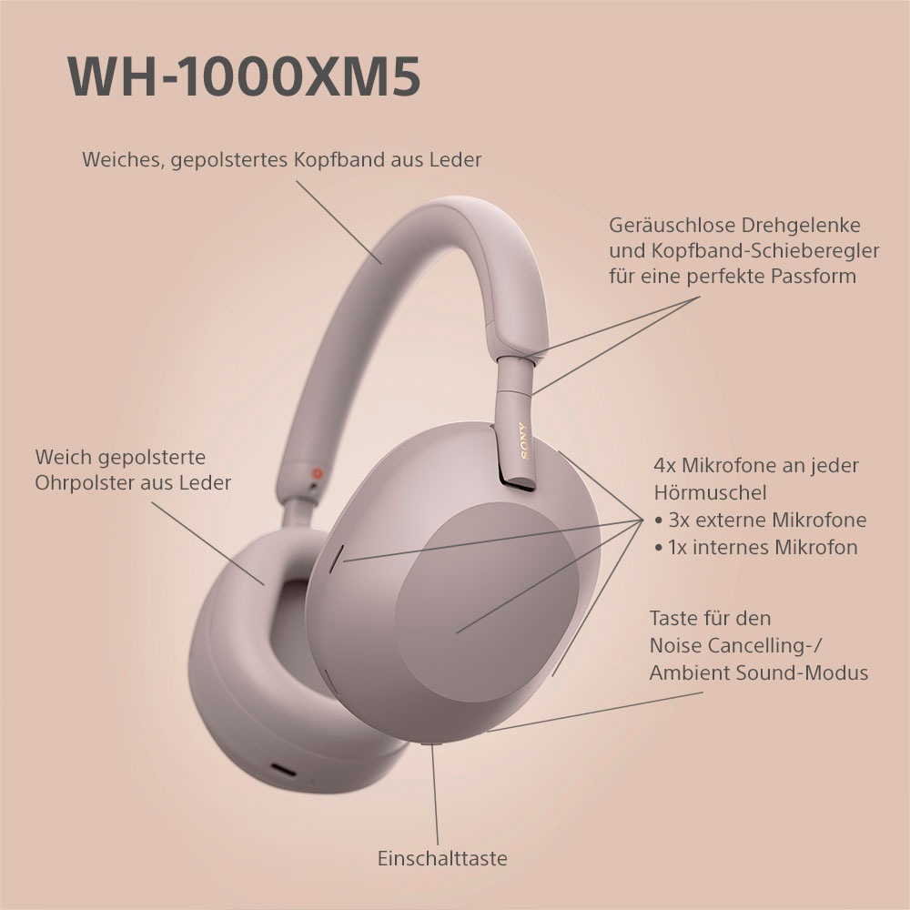 Sony Bluetooth-Kopfhörer »WH1000XM5 kabellos«, A2DP Bluetooth-AVRCP Bluetooth-HFP-HSP-Bluetooth, Multi-Point-Verbindung-Sprachsteuerung-Rauschunterdrückung-Noise-Cancelling-Freisprechfunktion-Hi-Res