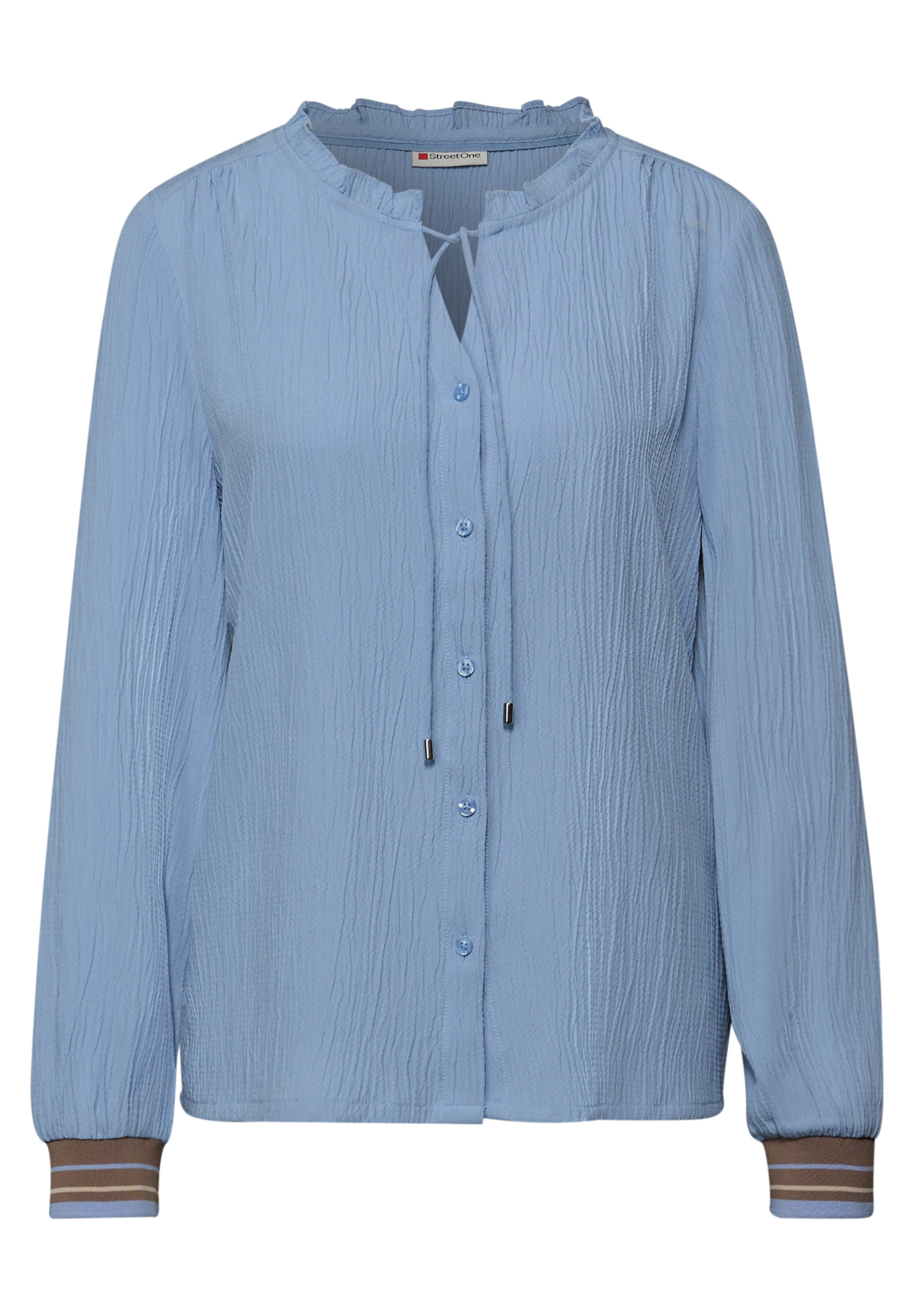 Langarmbluse STREET ONE, Damen, Gr. 46, frosted blau, Stoff, 60% Viskose, 39% Polyester, 1% Elasthan, unifarben, normal normal, Rundhals, elastischer Bund, Blusen, mit Knopfleiste 3