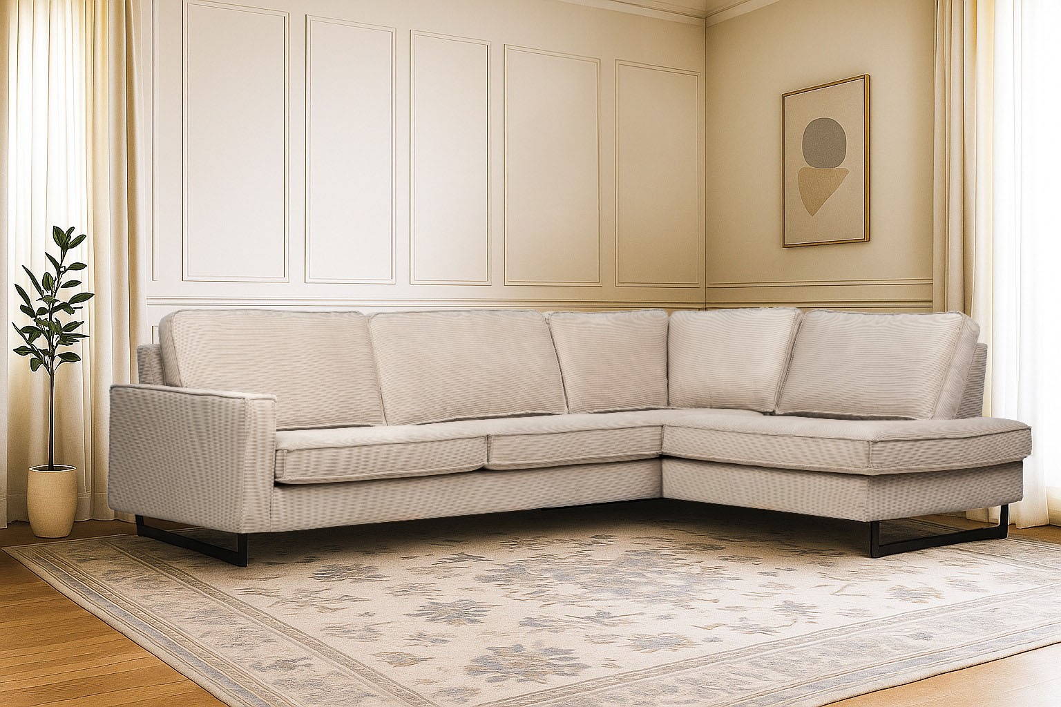 OTTO home Ecksofa "Pinto, 290 cm, Cord, Chenille, Lederoptik, Ottomane links / rechts" mit Keder, schwarze Metallfüße, Wellenunterfederung