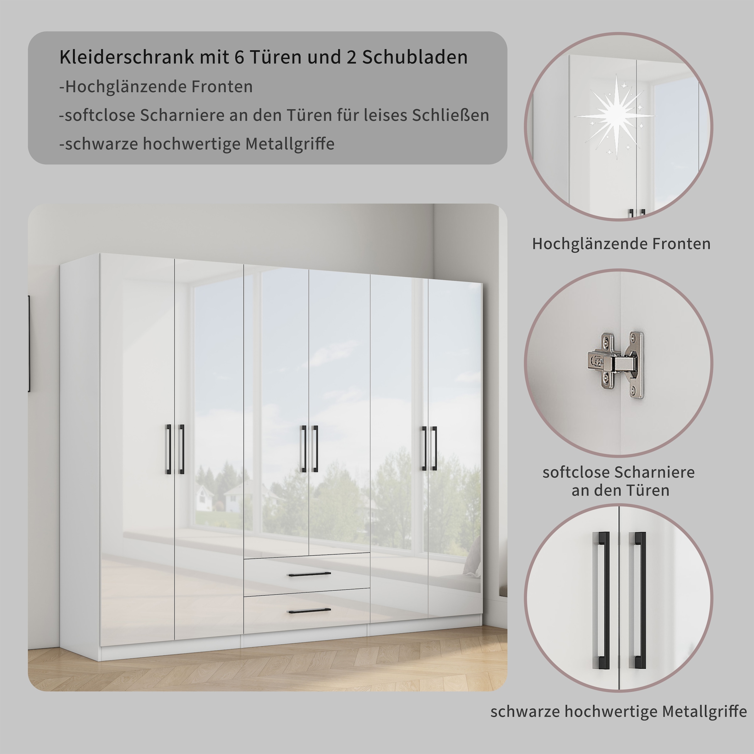 OTTO home Kleiderschrank »Sylt Schlafzimmerschrank Garderobe Schrank in hochglanz mit 6 Türen« Drehtürenschrank mit perfekter Innenausstattung