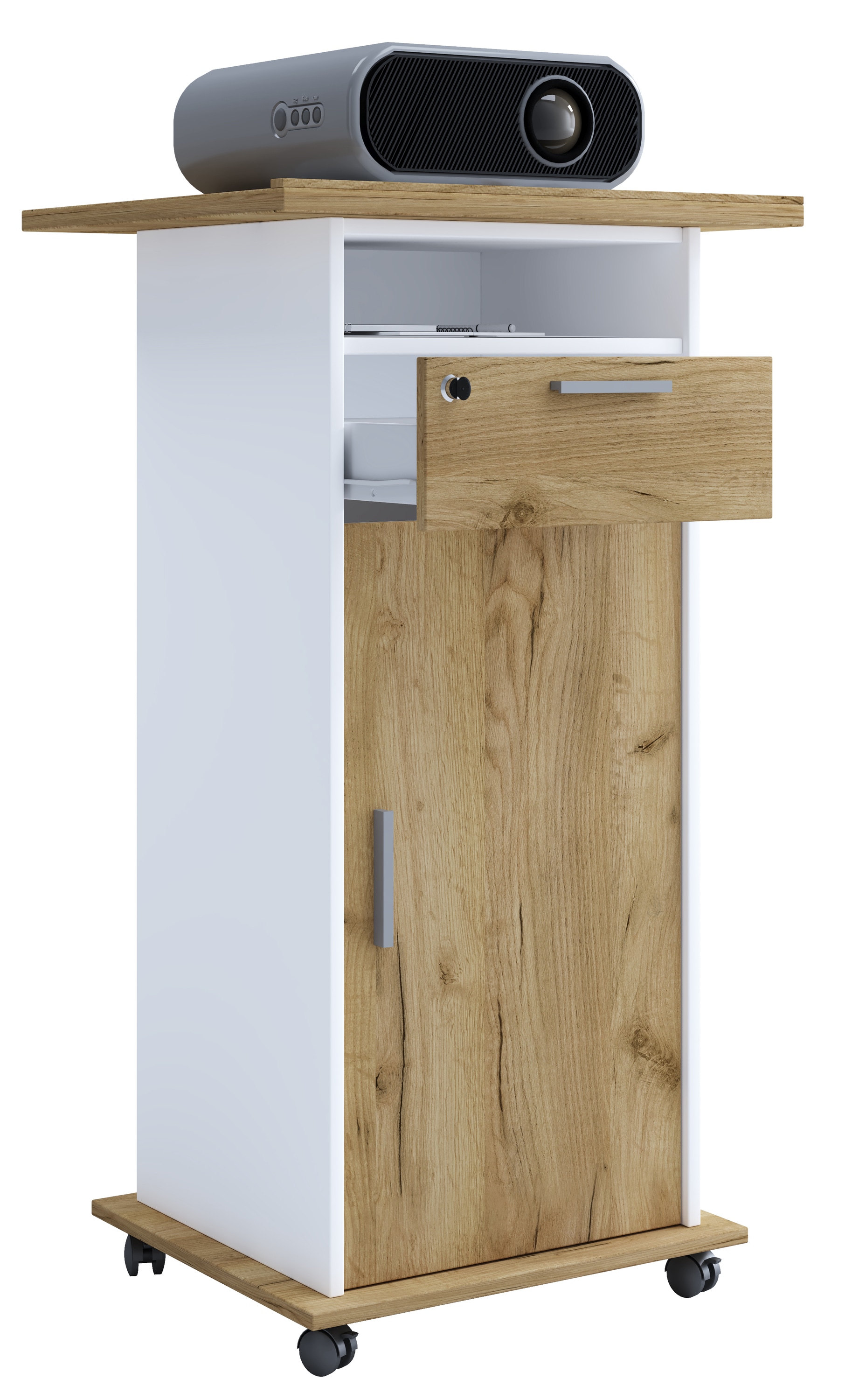 Wohnzimmertisch VCM "Tisch Möbel Wagen Beamer Projektor Neta Tür", braun (weiß, honig, eiche), B:60cm T:50cm, Sideboards, TVRack