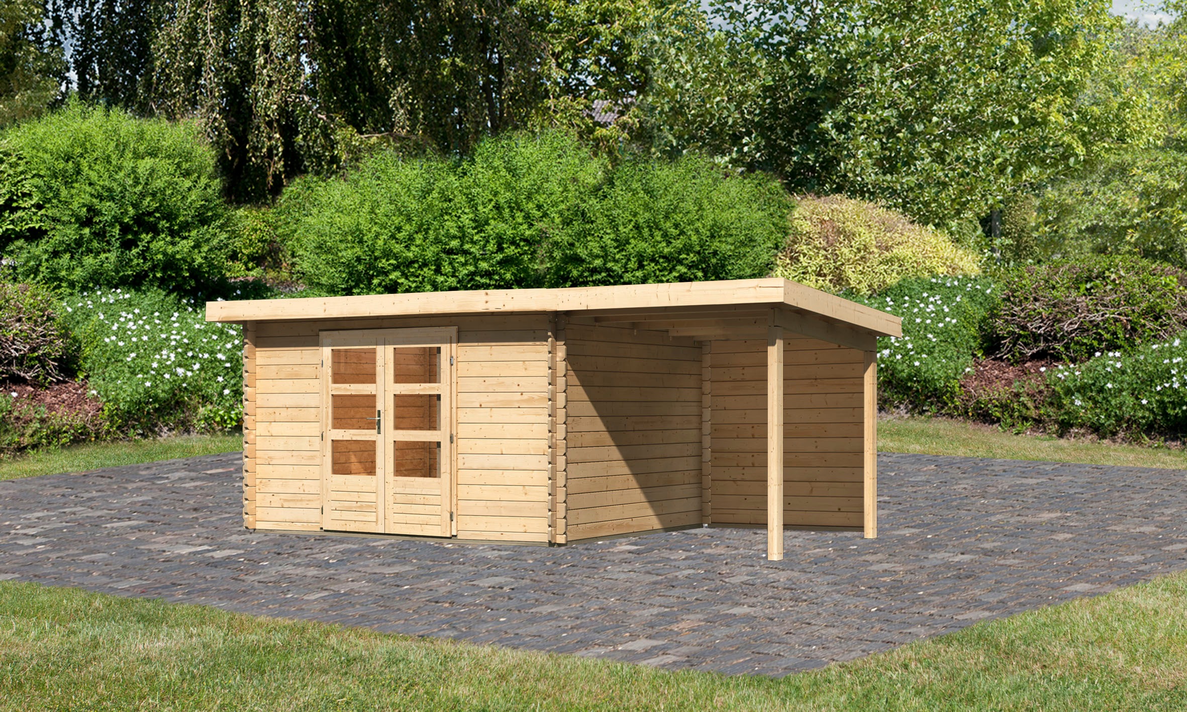 Karibu Gartenhaus "Schloßsee 7" mit Anbaudach und Rückwand günstig online kaufen