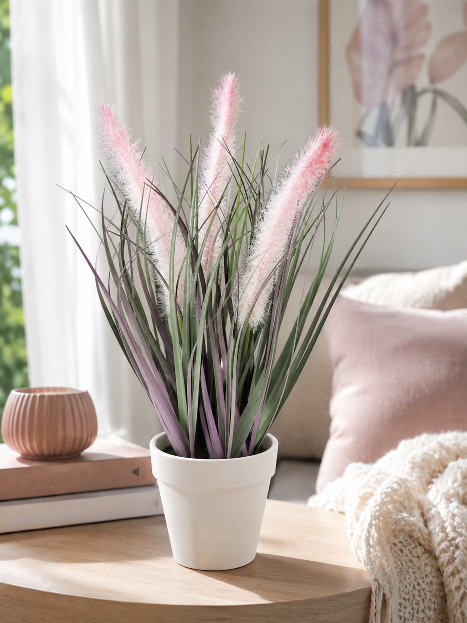 I.GE.A. Kunstpflanze »Ziergras mit rosa Federblüten im weißen Topf, 35 cm hoch« Grasbusch Dekogras Dekopflanze
