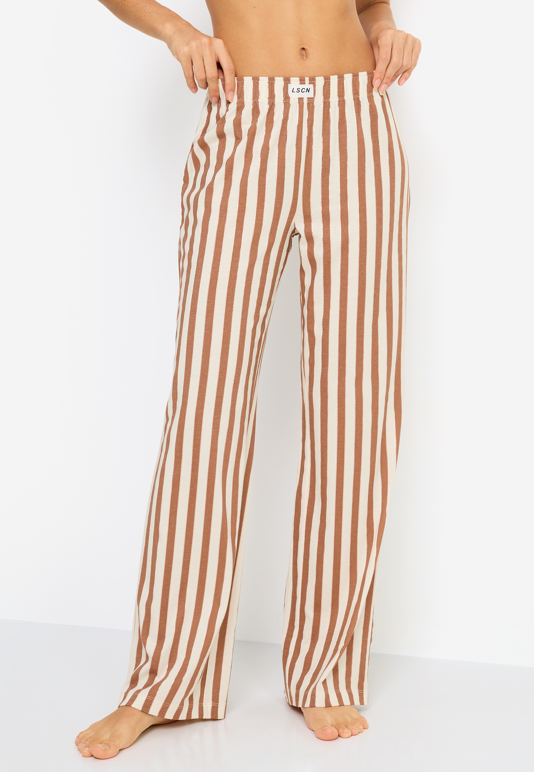 Pyjamahose LSCN BY LASCANA, Damen, Gr. 44/46, N-Gr, braun, roségold, gestreift, Single Jersey, Obermaterial: 50% Baumwolle, 50% Viskose, gestreift, mehrfarbig, weit lang, Hosen Pyjamahose, mit weitem Bein
