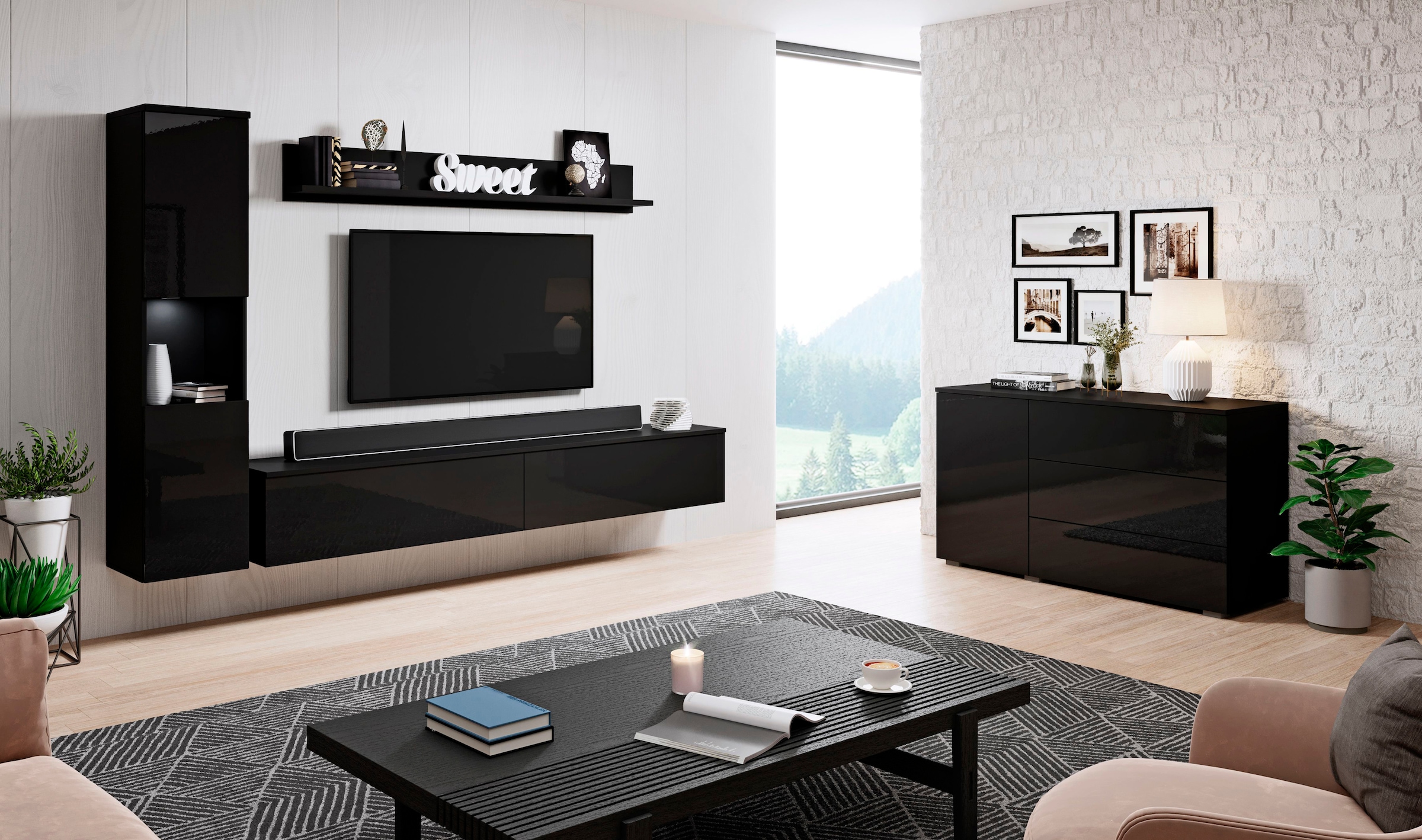 INOSIGN Wohnwand »PARIS«, (Komplett-Set, 3 St.), TV-Wand 220cm breite, grifflose Design, stehend und hängend montierbar