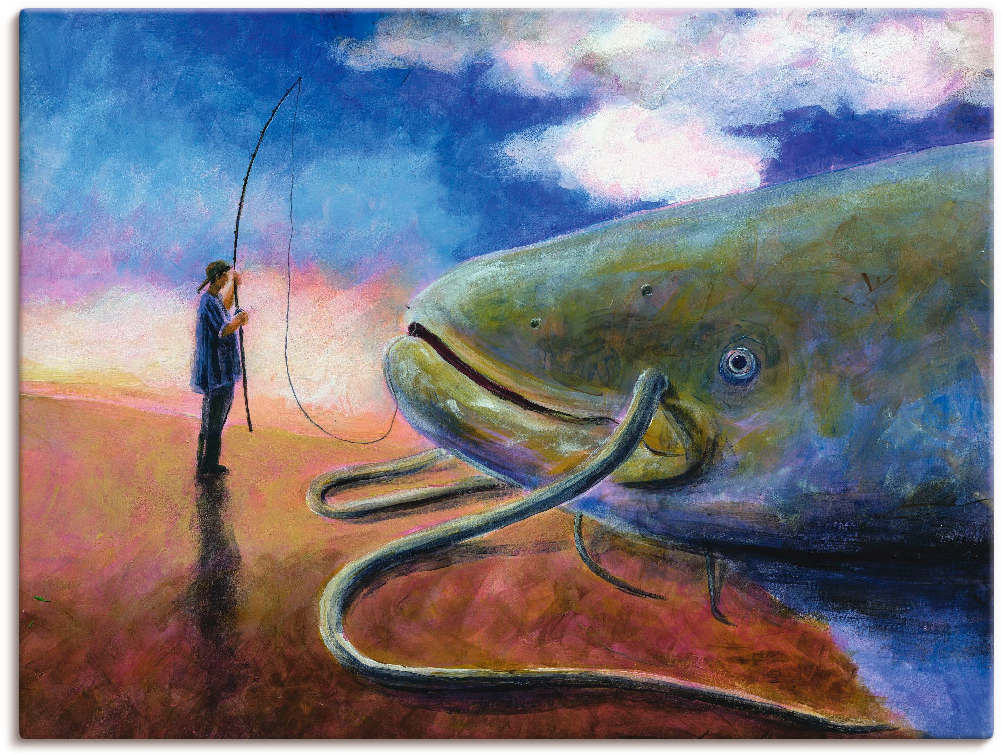 Artland Wandbild "Einen dicken Fisch an Land ziehen", Wassertiere, (1 St.), als Leinwandbild, Wandaufkleber in verschied