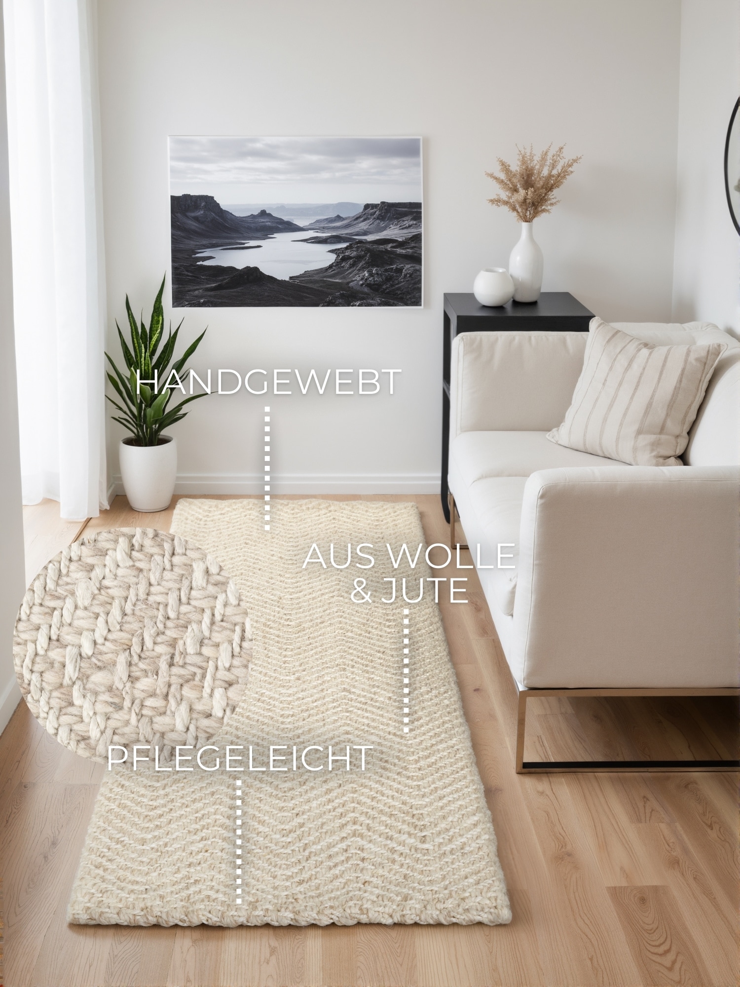 ELLE DECORATION Wollteppich »Majoli«, rechteckig, 10 mm Höhe, Herringbone, Wolle, Jute, Natur, Wohnzimmer, Schlafzimmer, Boho,Skandi