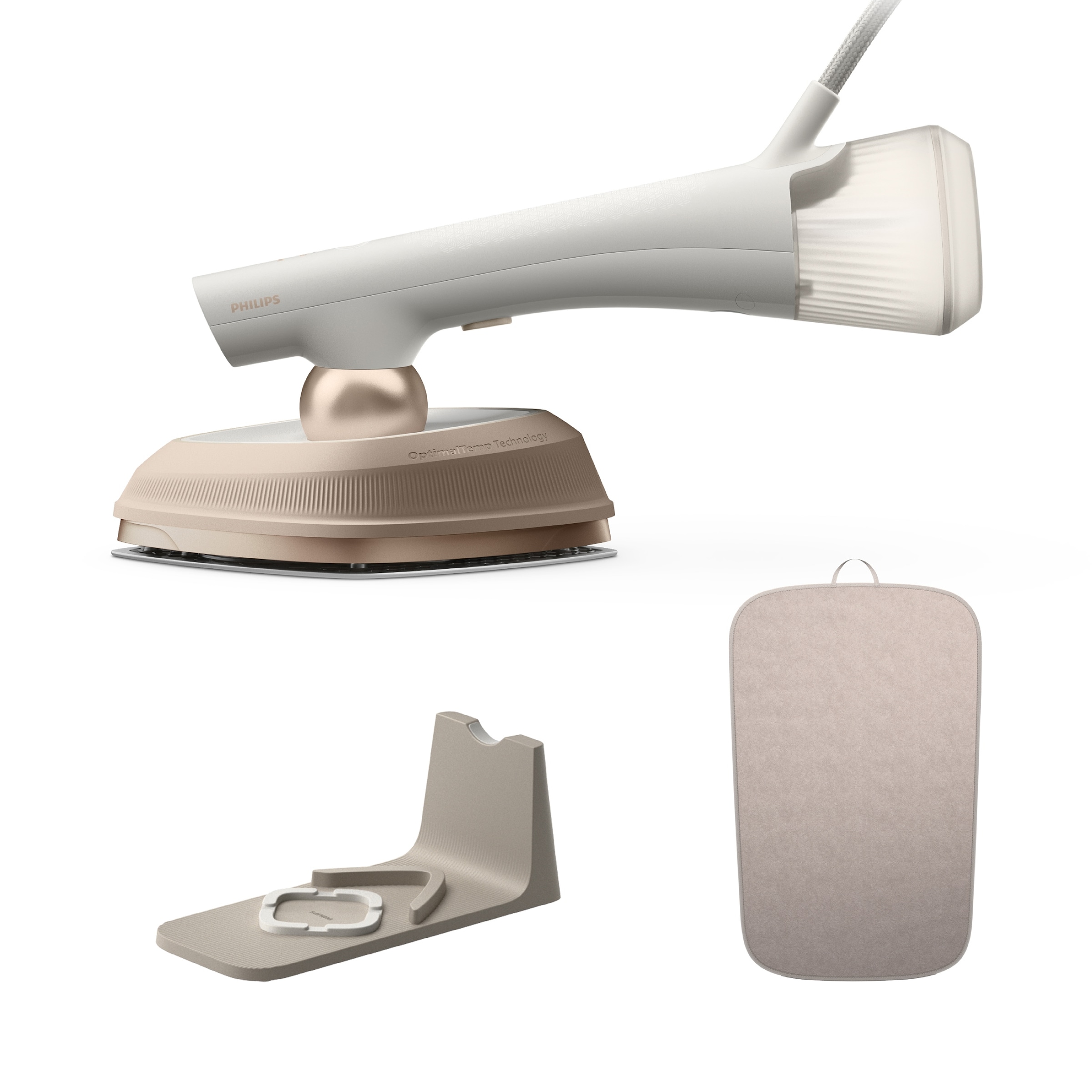 PHILIPS Dampfbügeleisen "GC213/10 OneTurn 2-in-1 Bügeleisen & Steamer, StyleMat & Dock inkl.", weiß, gold, B:12cm H:17cm T:34cm, Bügeleisen, SteamGlid