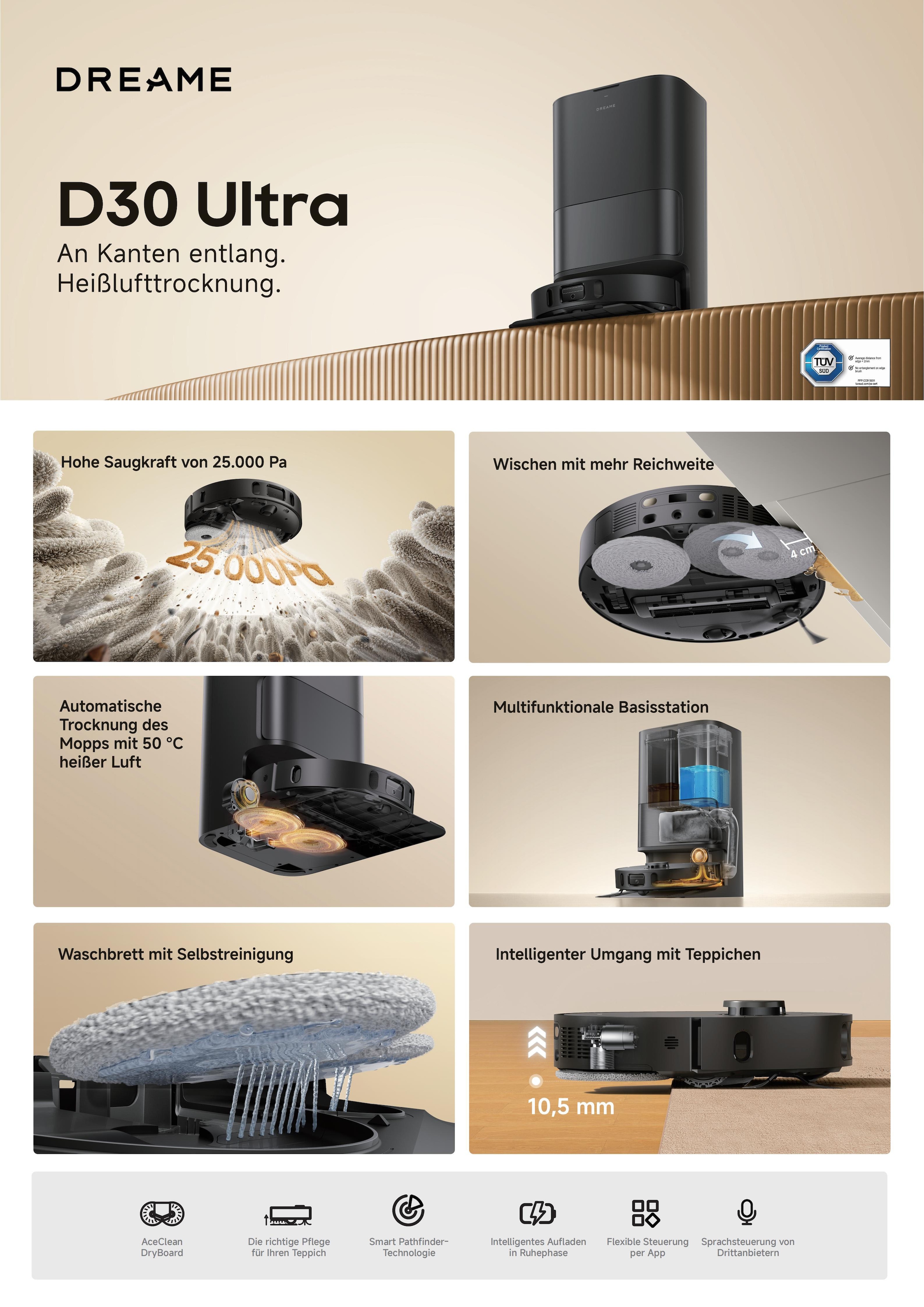Dreame Saugroboter »D30 Ultra Black« Absaugstation ,Heißlufttrocknung, Kantenreinigung