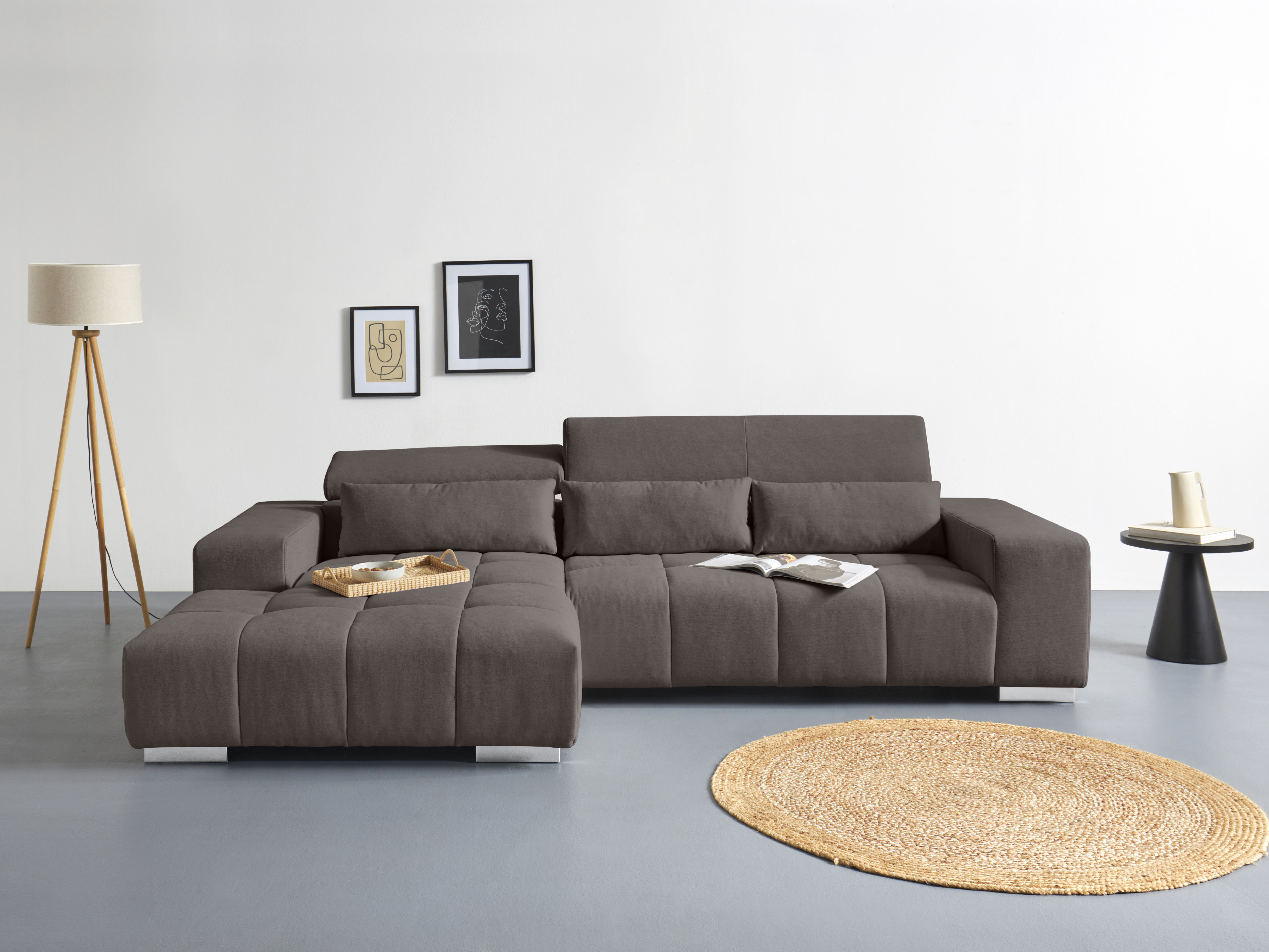 COTTA Ecksofa "Orion L-Form, B: 307 cm, moderne Steppung, bequeme Wellenunterfederung" 2x Kopfteilverstellung & 3 Nierenkissen