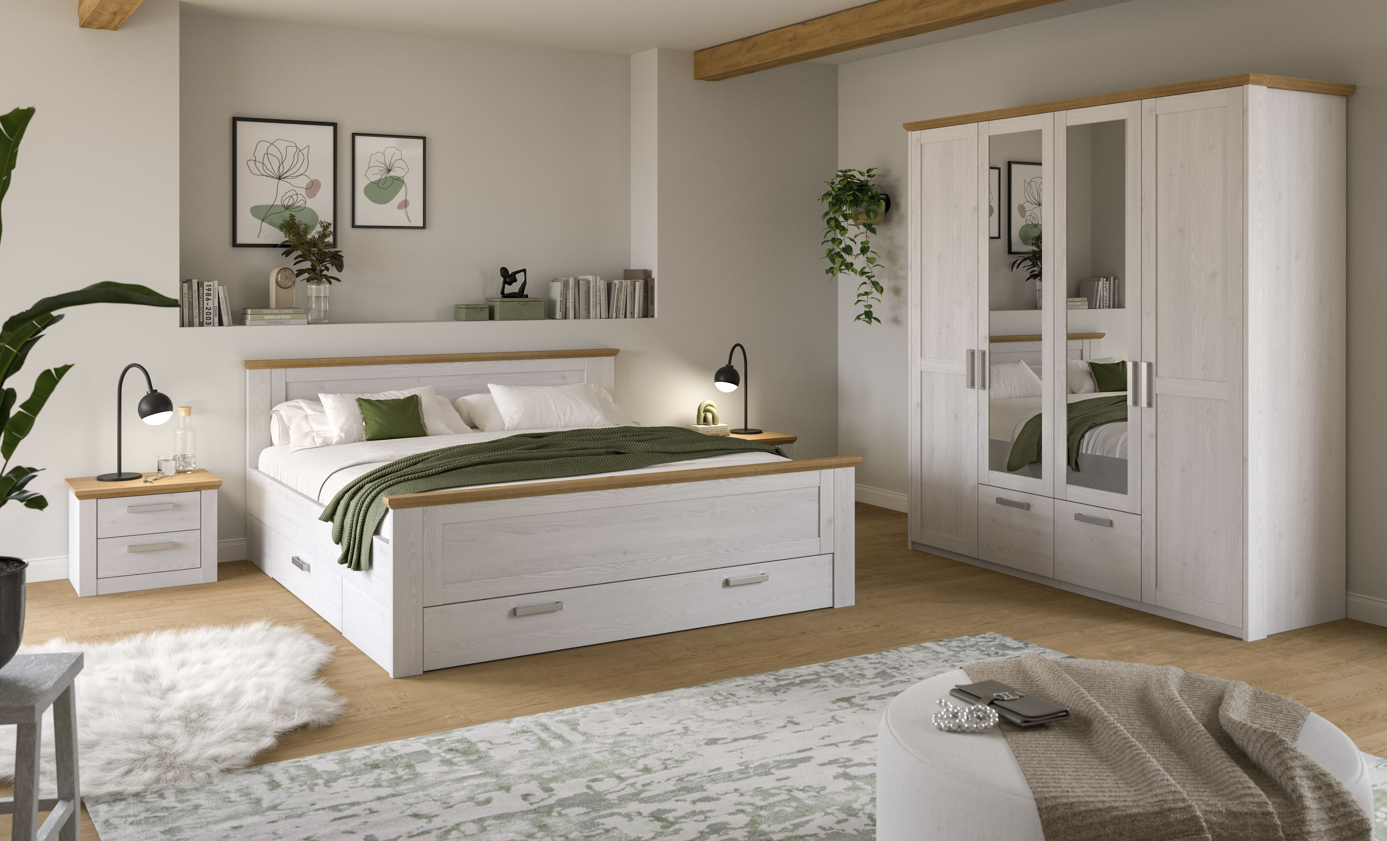 Home affaire Schlafzimmer-Set "COSENZA, 4-teilig, Kleiderschrank, Bett & 2x Nachttische" Matratzengröße 180x200 cm, viel Stauraum, ohne Lattenrost & Matratze, 4 tlg. tlg. Schlafzimmer, Schlafen, Set, Kombination, Bettanlage