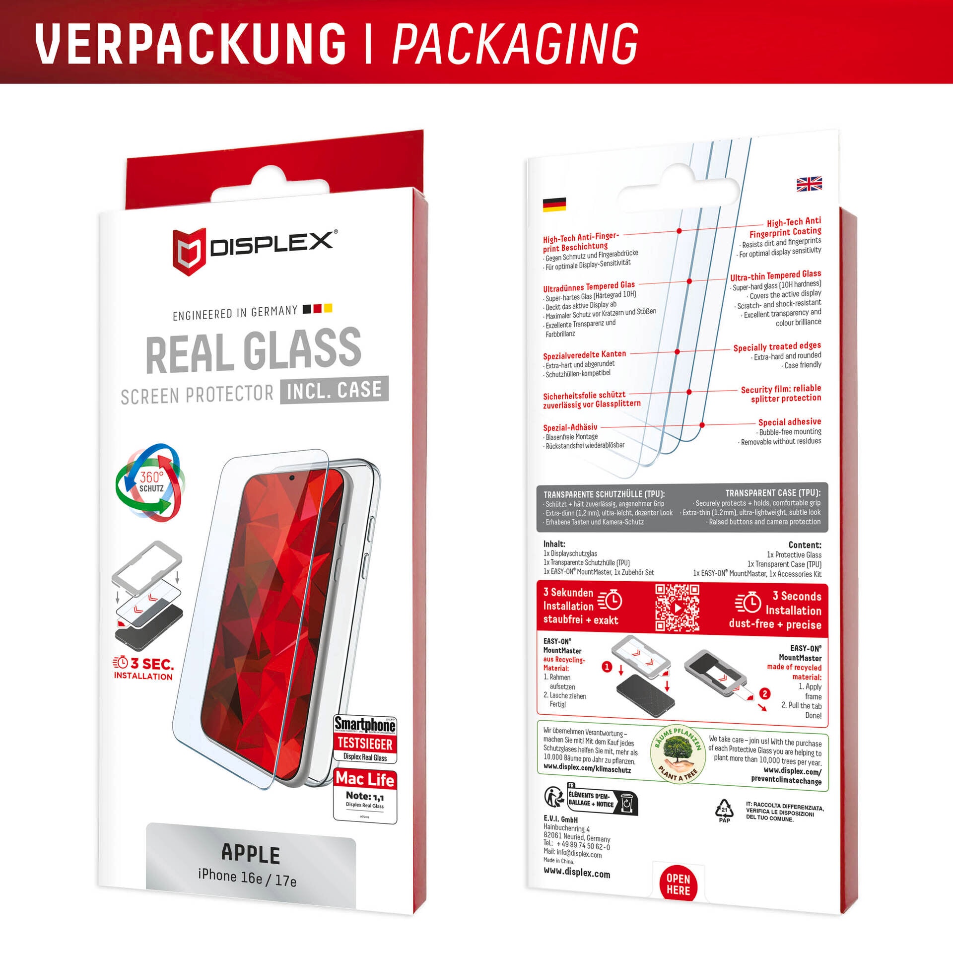 Displex Displayschutzglas »Real Glass Screen Protector + Case mit EASY-ON MountMaster« für Apple iPhone 16e;Apple iPhone 17e Displayschutzfolie, Schutzfolie, Bildschirmschutz, kratz- & stoßfest