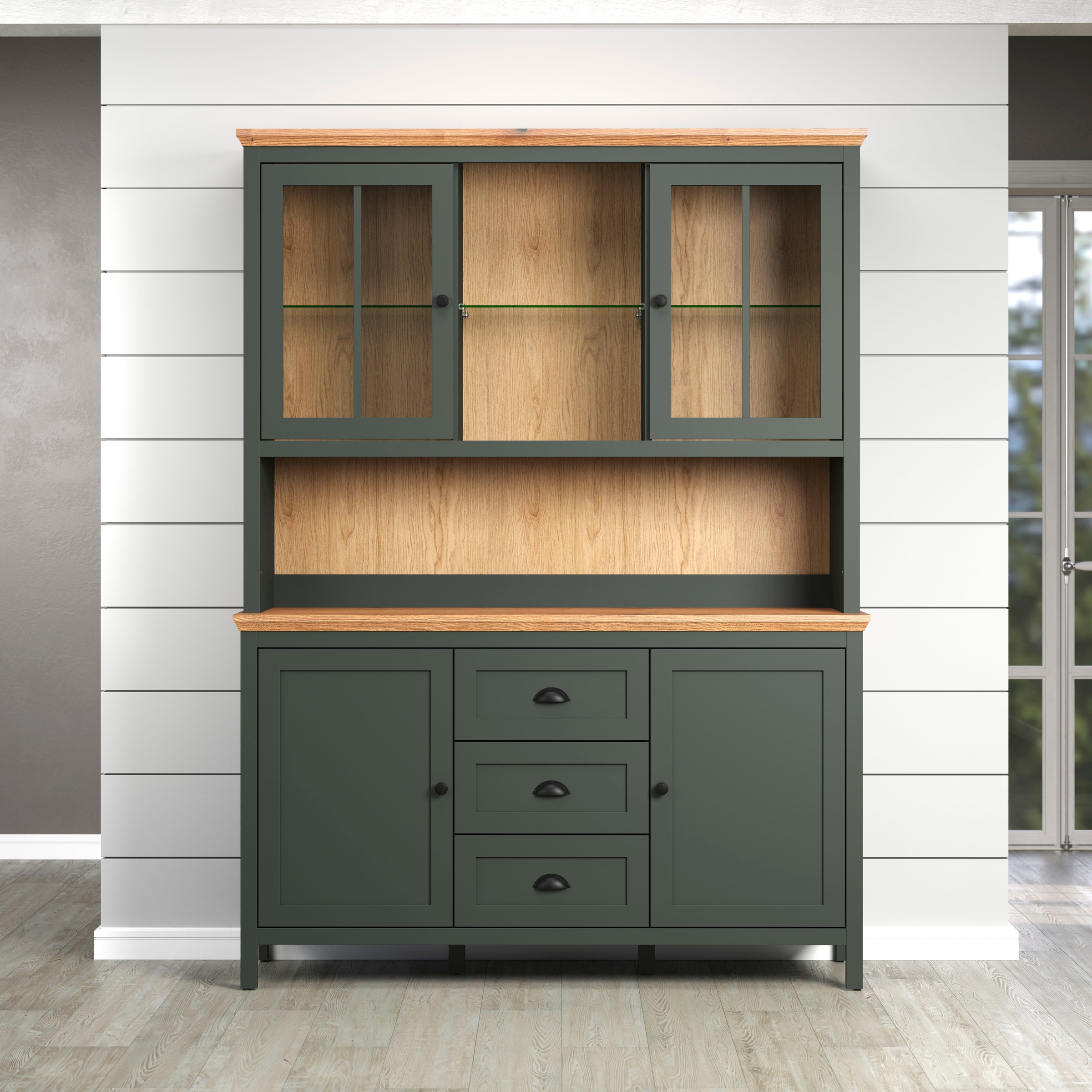 Home affaire Buffet »Vienna« Set, 2 Stk. tlg. Küchenbuffet im Landhausstil, inkl. Beleuchtung - (B/T/H) 146/39/112cm