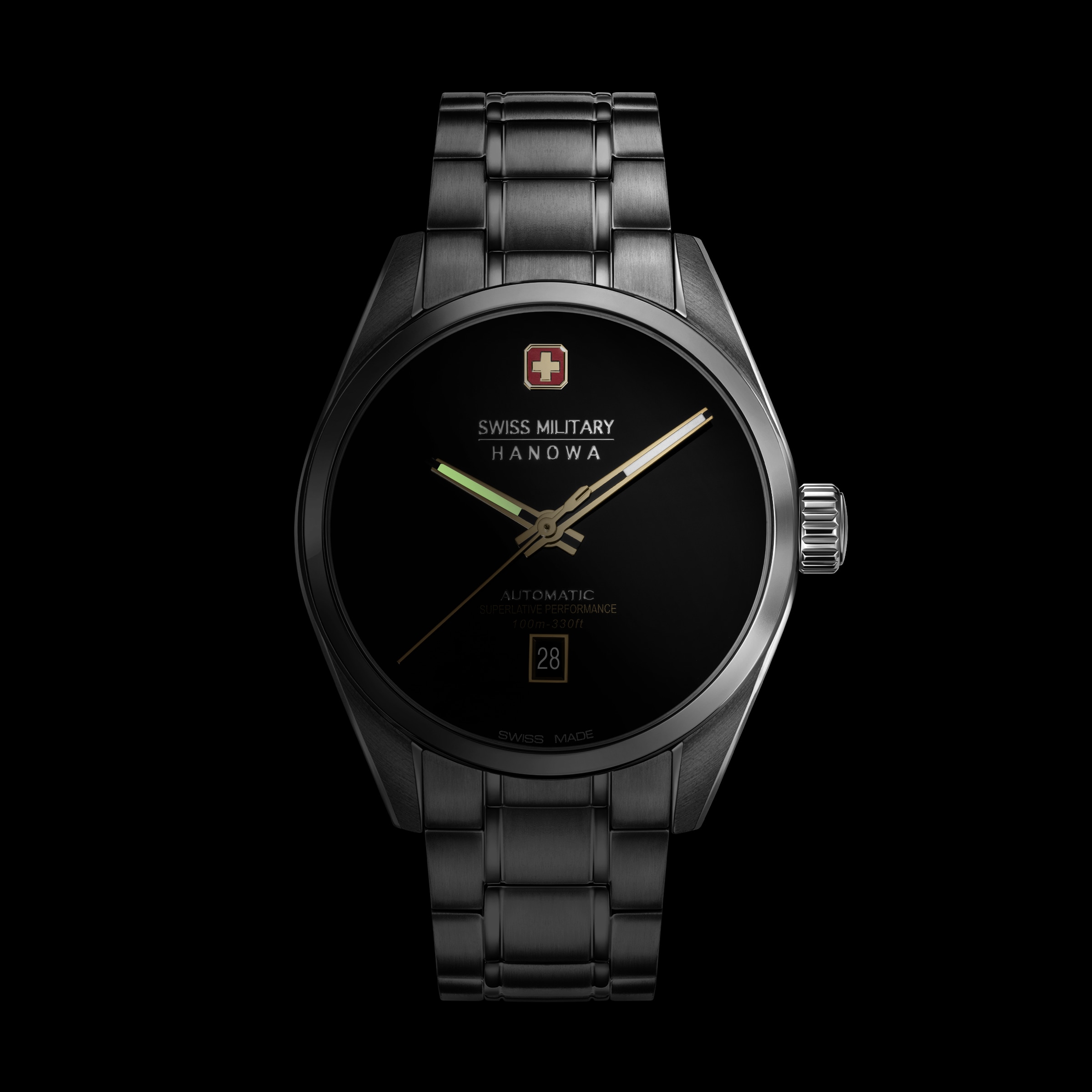 Swiss Military Hanowa Automatikuhr »Majestetic Pioneer Onyx« Armbanduhr, Herrenuhr, Swiss Made, Mechanische Uhr, Edelstahlarmband