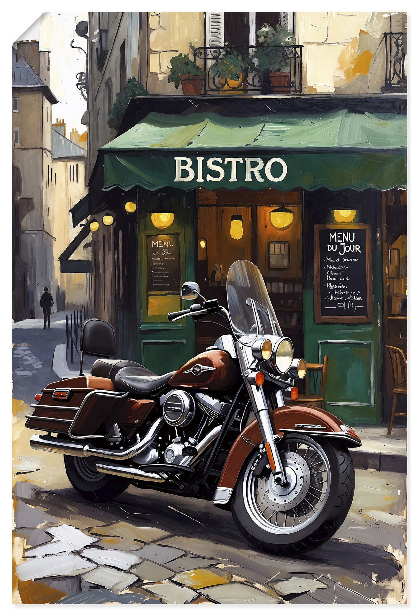 Artland Wandbild "Eine parkende Harley vor einem Bistro" 1 Stk. tlg. als Alubild, Leinwandbild, Poster, Wandaufkleber in verschied. Größen