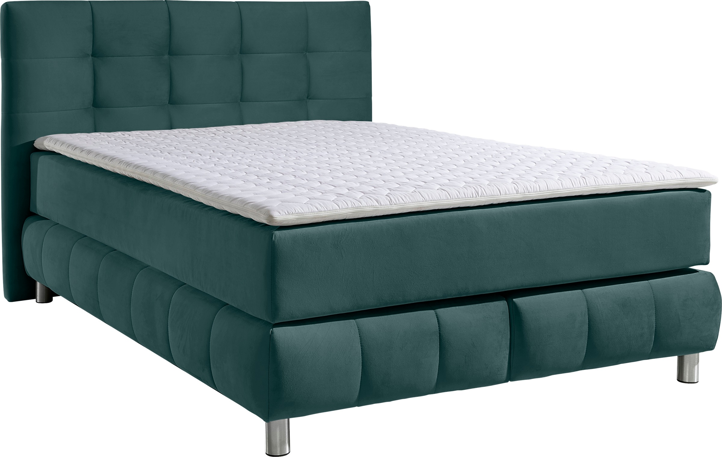 Boxspringbett HOME AFFAIRE "Salo", blau (petrol), B:154cm L:211cm, Struktur (100% Polyester);Bezug der Spiegelfläche Matratzendrell aus 100% Polyester;Samtoptik (100% Polyester), Komplettbetten, Boxspringbett, incl. Topper, 6 Breiten, 2 Härtegrade, TFK au 6