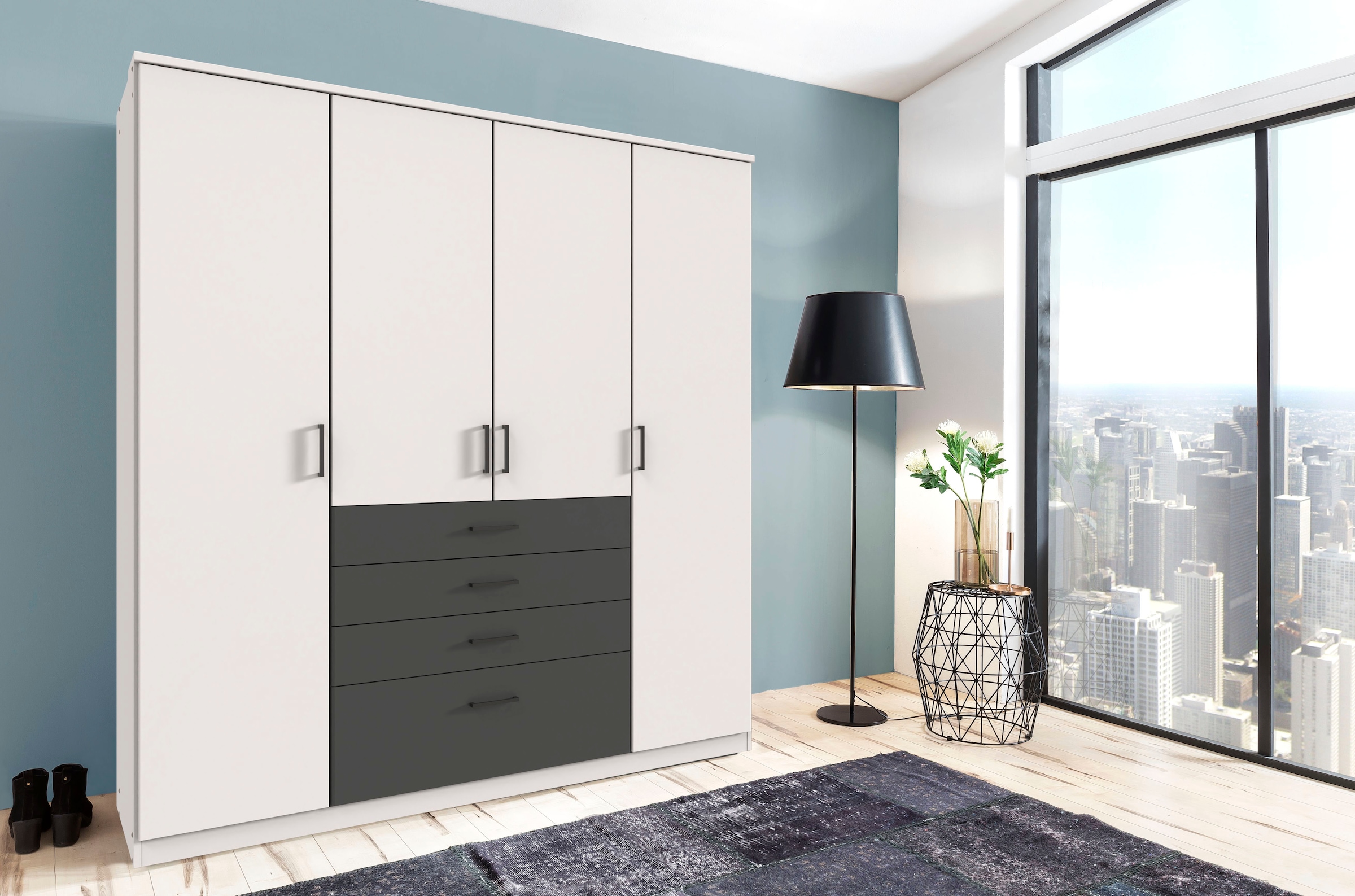 Wimex Kleiderschrank »Cottbus, in weiß oder grau modern kombiniert mit graphitfb.Schubladen«, (in 3 Größen, schwarze Griffe, Made in Germany), mit 4 Schubladen, wahlweise mit oder ohne Spiegel