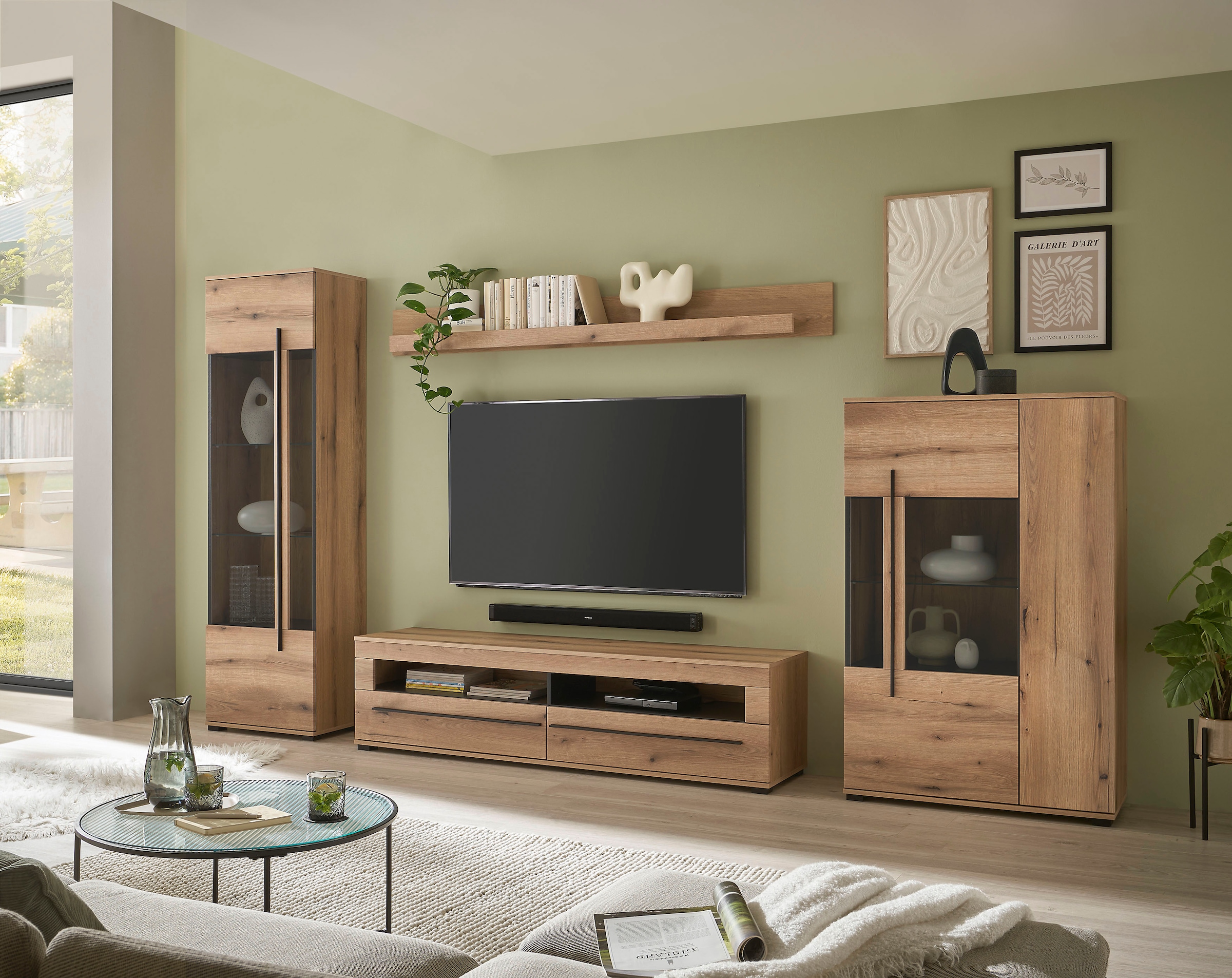 INOSIGN Wohnwand »Cantara, moderne Anbauwand, Wohnzimmer-Set, in Eiche Evoke oder Weiß«, (Set, 4 St.), enthält zwei Vitrinen, ein Lowboard und ein Wandboard