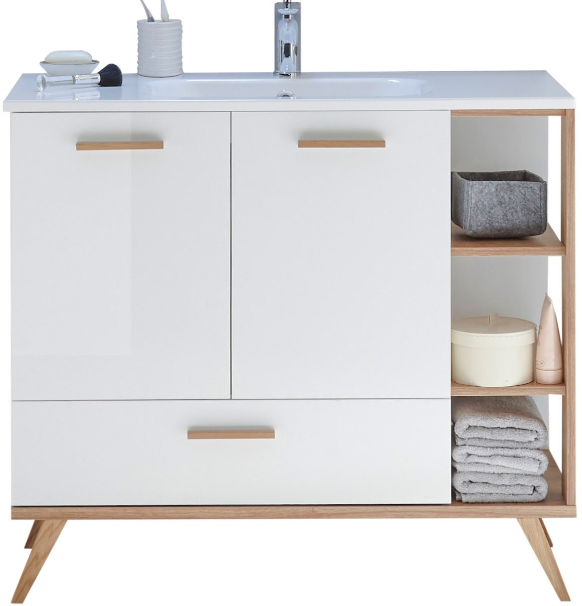 Saphir Badmöbel-Set »Quickset Mineralmarmor-Waschtisch mit LED-Spiegel, Unterschrank«, (7 St.), Hängeschrank, Hochschrank, 6 Türen, 2 Schubladen, 7 Glas-Einlegeböden