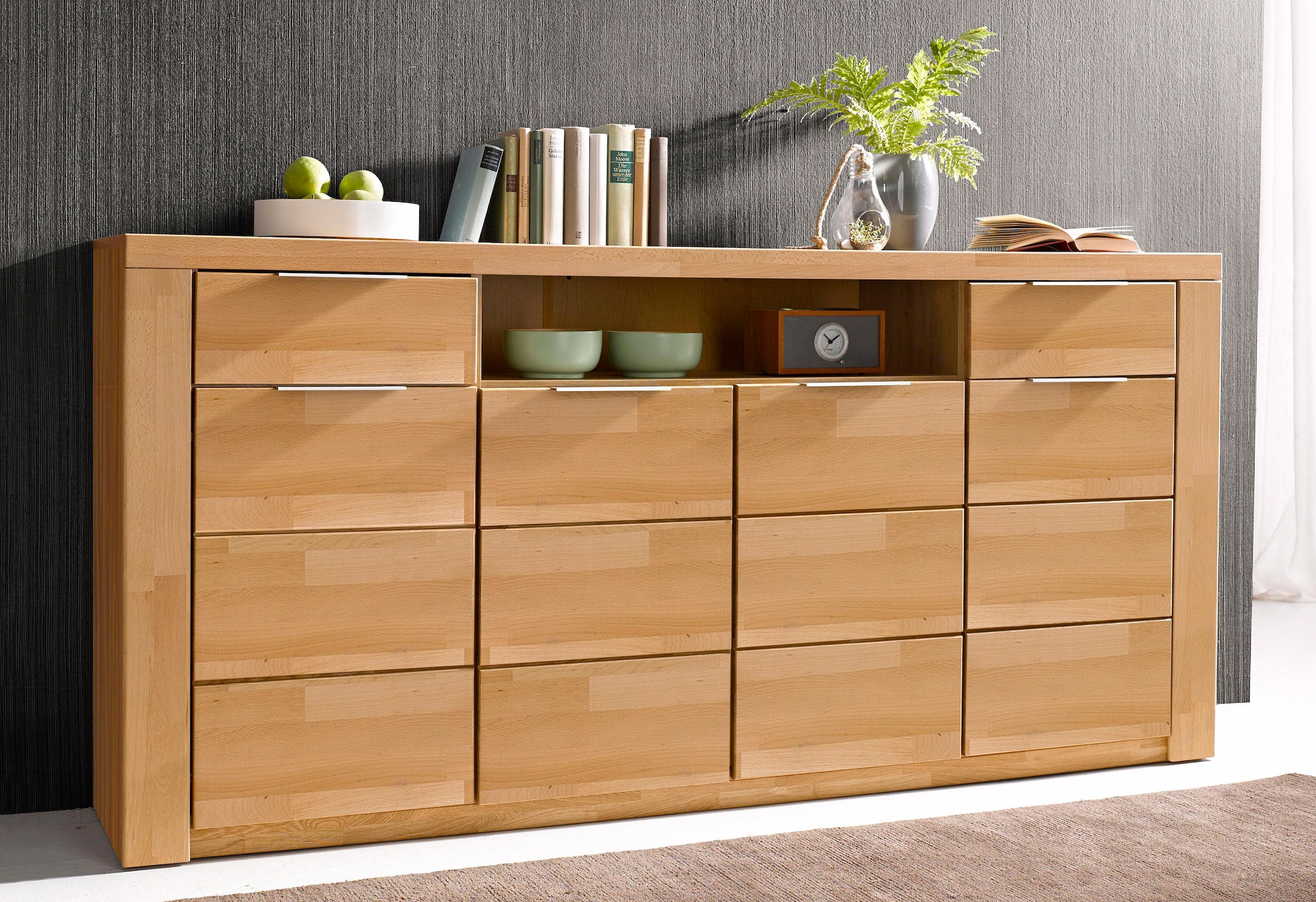 OTTO home Sideboard "Zara 2 Schubkästen, 7 Fächer" B/T/H: 200cm/40cm/95cm, Metallgriffe, Kernbuche