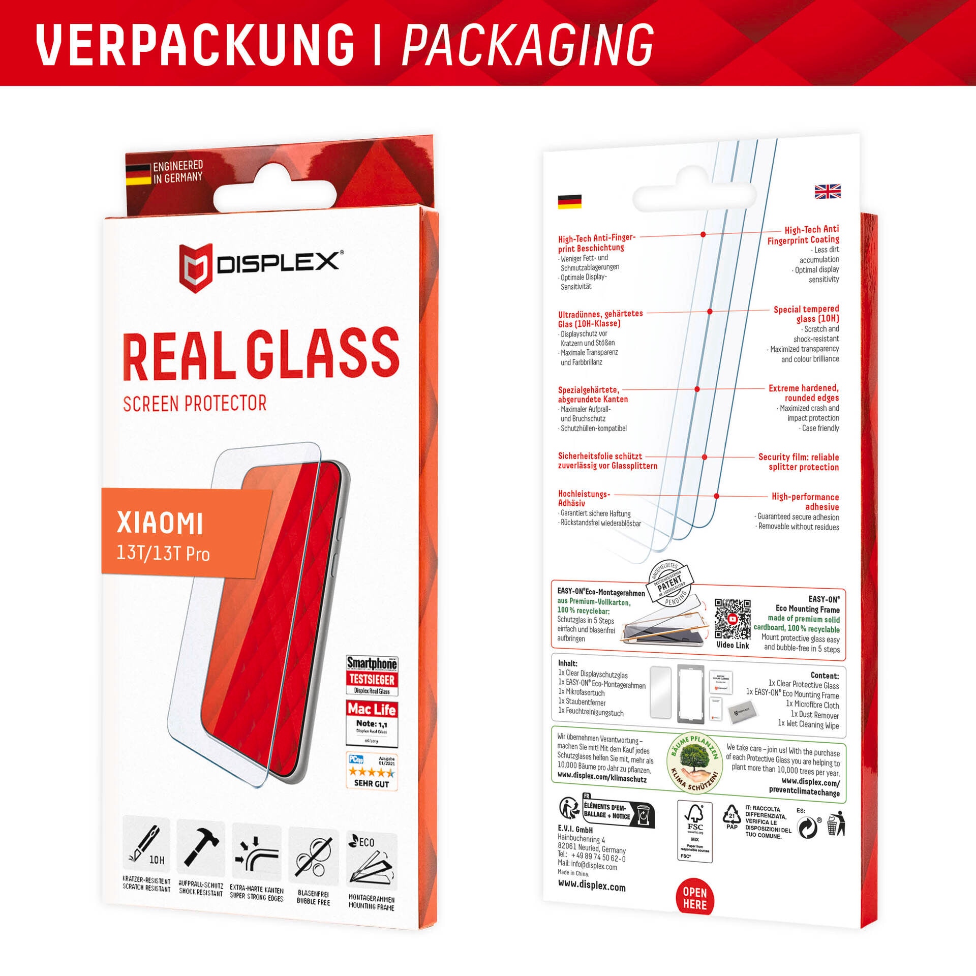 Displex Displayschutzglas »Real Glass«, für Xiaomi 13T-Xiaomi 13T Pro, Displayschutzfolie Displayschutz kratzer-resistent 10H splitterfest