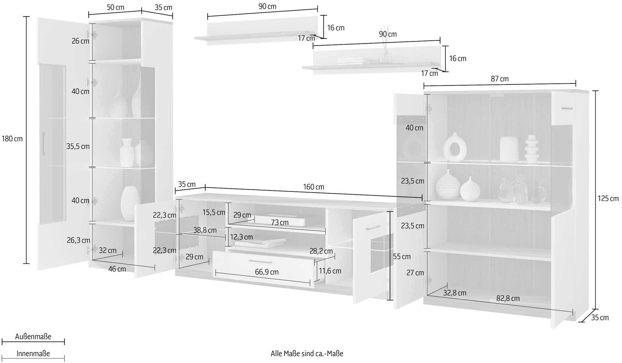 Home affaire Wohnwand »Ribe Wohnwand Set-5 St.« Set, 5 Stk. tlg. Glaseinsatz aus gehärtetem Glas,Böden teilweise versetzbar