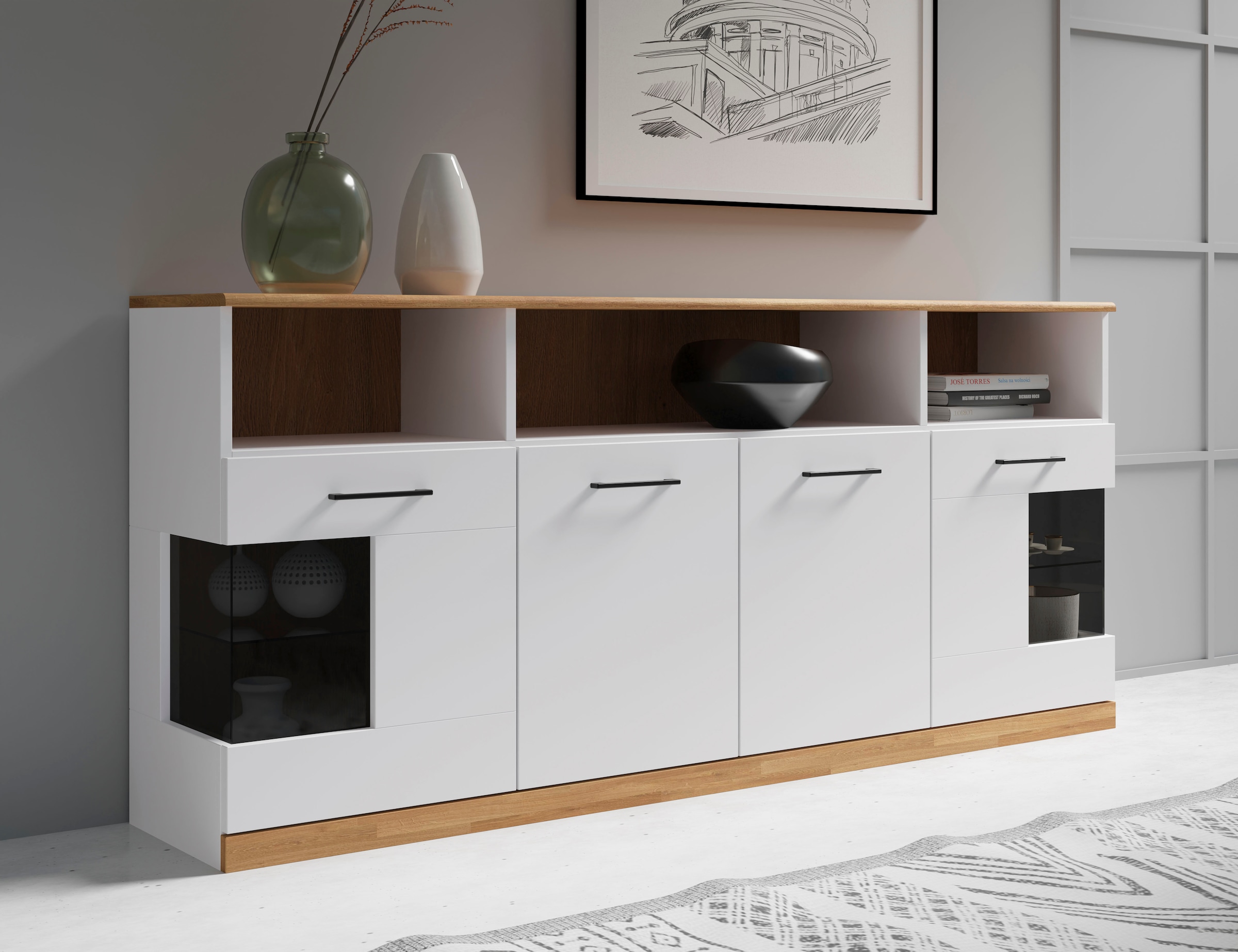 Home affaire Sideboard "Ribe,180cm breit,Oberplatte aus Massivholz, 9 Fäche günstig online kaufen