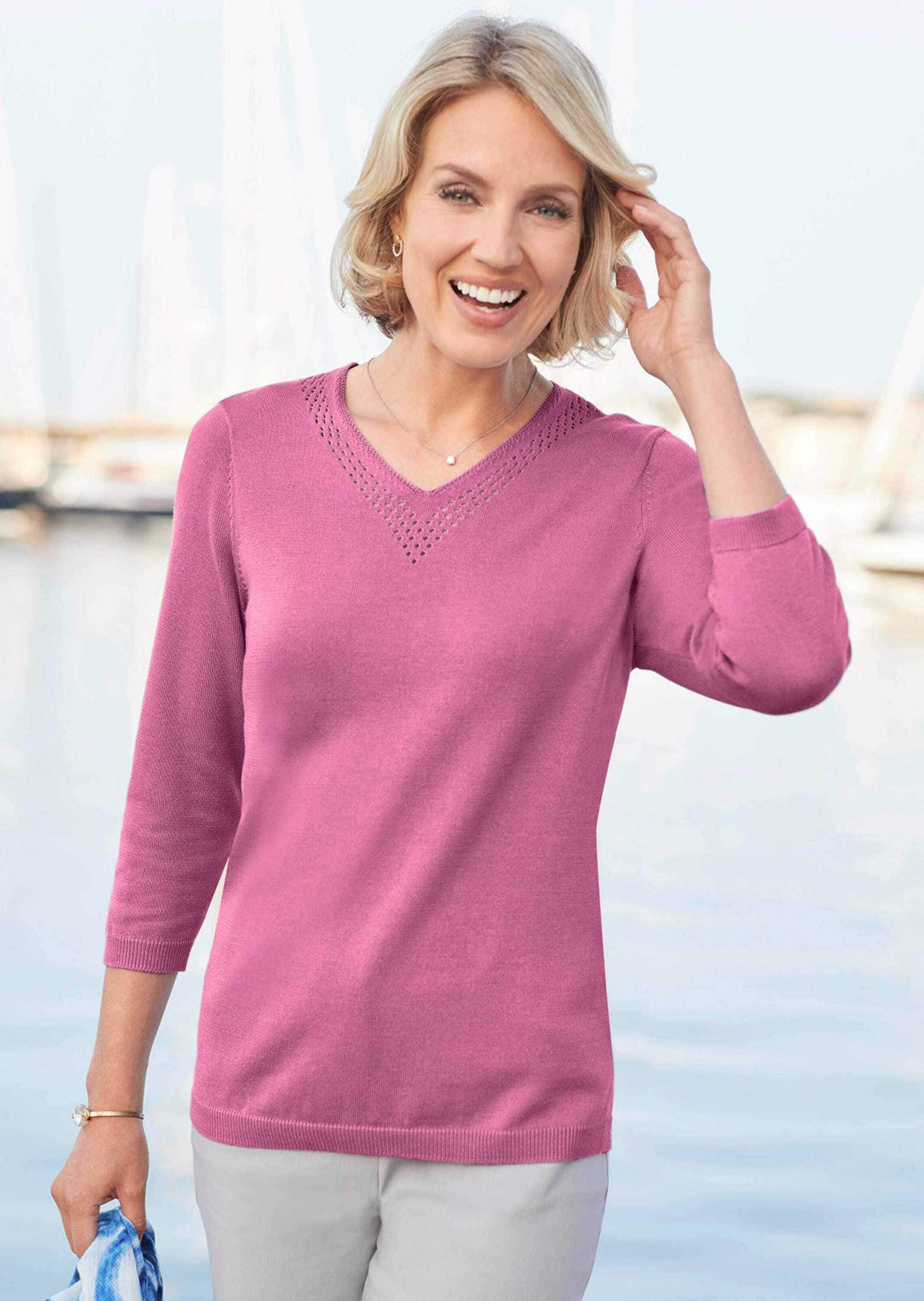 GOLDNER Rundhalspullover »Kurzgröße Unkomplizierter Pullover mit V-Ausschnitt«