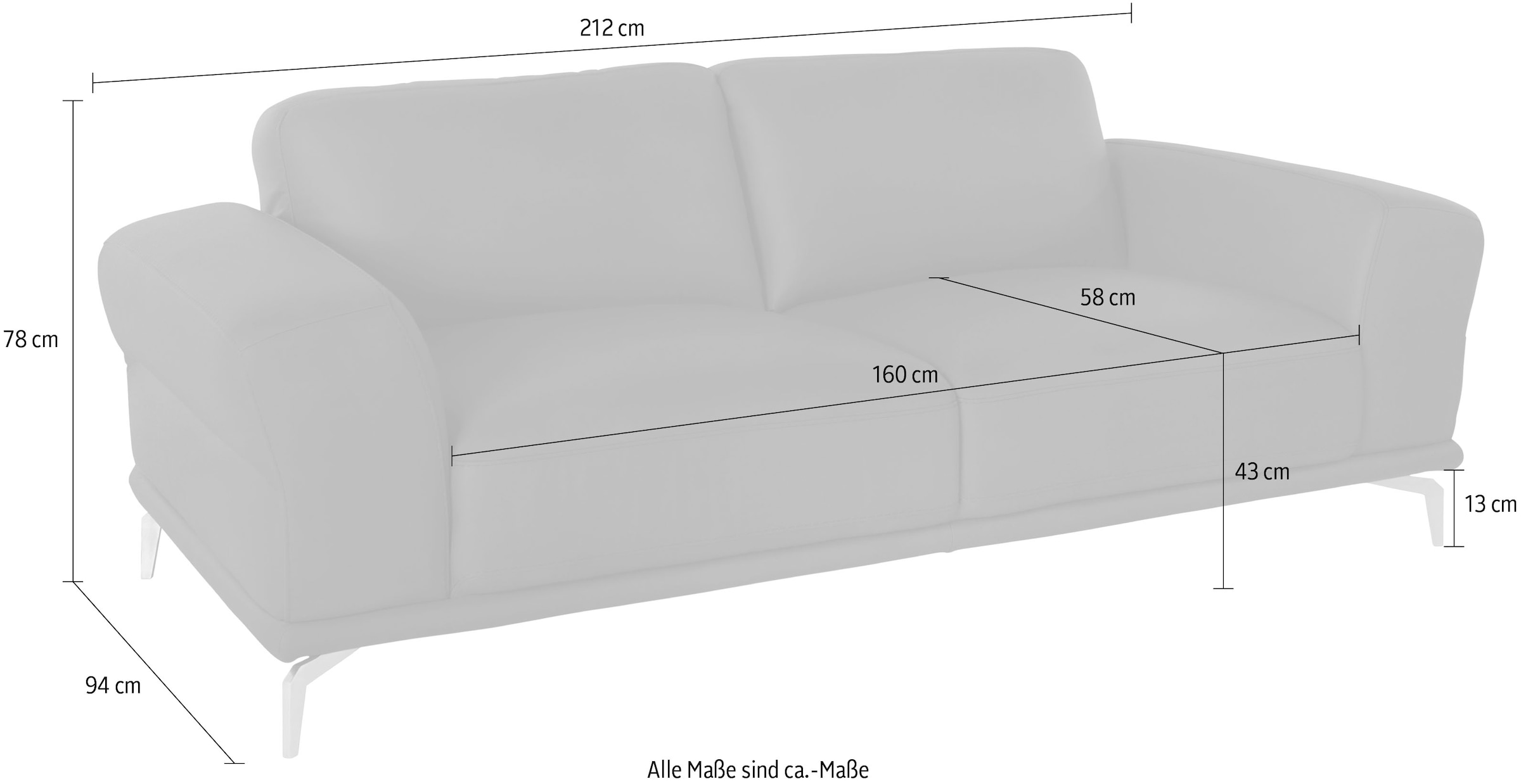 W.SCHILLIG 2,5-Sitzer »montanaa Design Sofa mit erstklassigem Sitzkomfort, Federkern« mit Metallfüßen in Silber matt, Breite 212 cm