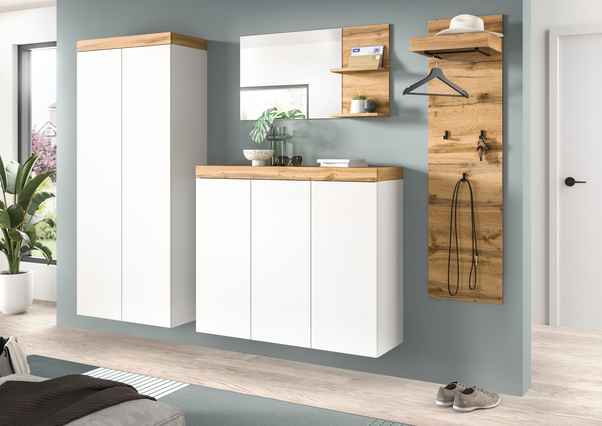 OTTO home Garderoben-Set »MAMBO, TOPSELLER!, 3-teilige Kombination, stehend & hängend montierbar« bestehend aus: Kommode, Spiegel, Garderobenpaneel, 3 Stk. tlg.