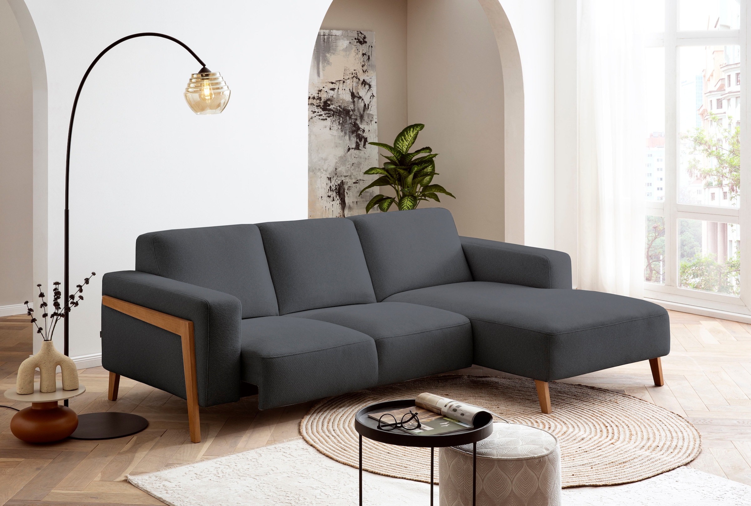 exxpo - sofa fashion Ecksofa »Starr, modern und klassisches Design, hochwertige Verarbeitung, bequem«, L-Form, wahlw. elektrische Sitztiefenverstellung, Massivholzfüße