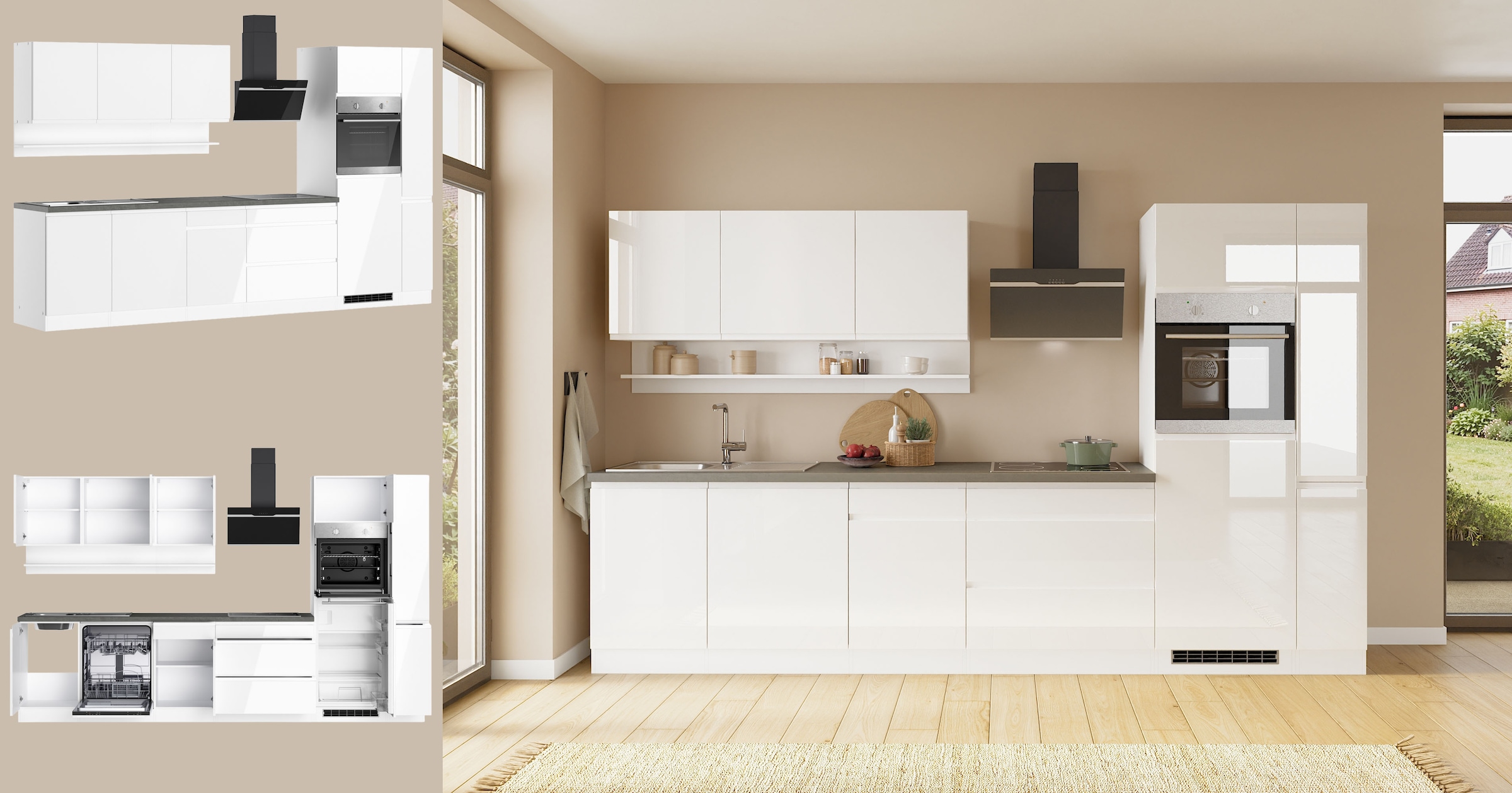 KOCHSTATION Küchenzeile »KS-Virginia,neu in verbesserter Ausführung« Arbeitsplatte 38 mm stark, Stauraum, Softclose,  Breite 330 cm, Soft-Close, ohne E-Geräte