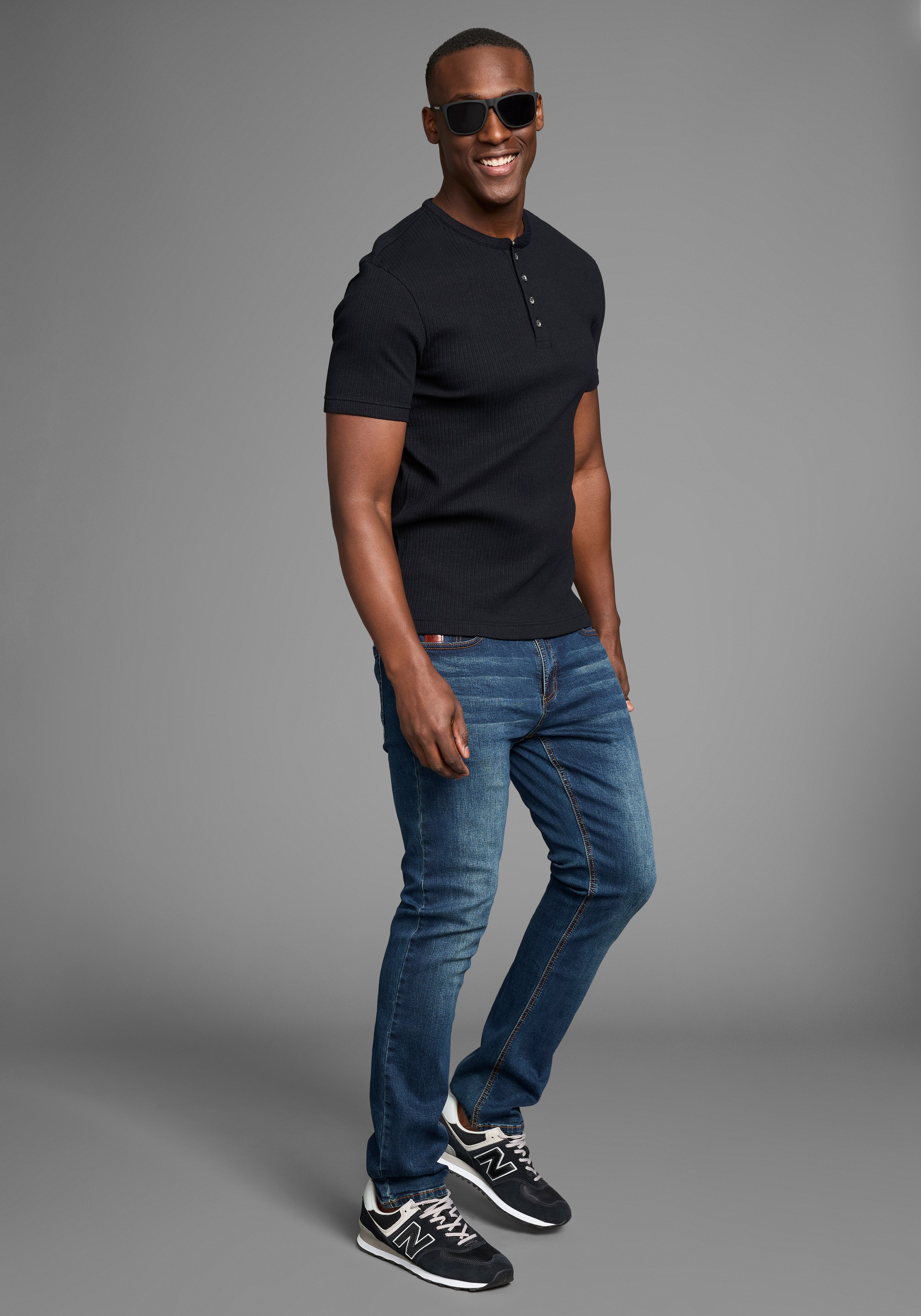 Henleyshirt BRUNO BANANI, Herren, Gr. M (48/50), schwarz, Rippware, Obermaterial: 95% Baumwolle, 5% Elasthan, unifarben, Basic, regular fit, Rundhals, Shirts, in elastischer Rippenqualität 3