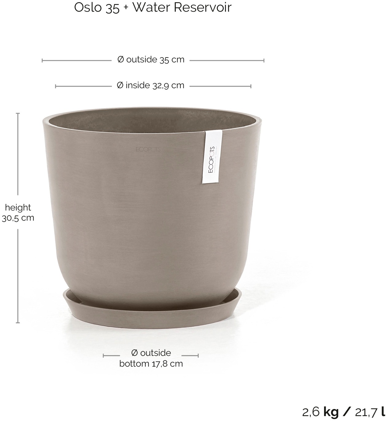 ECOPOTS Blumentopf »Oslo 35 + Wassersystem Taupe«, für innen und außen: frostsicher, bruchsicher und lichtbeständig