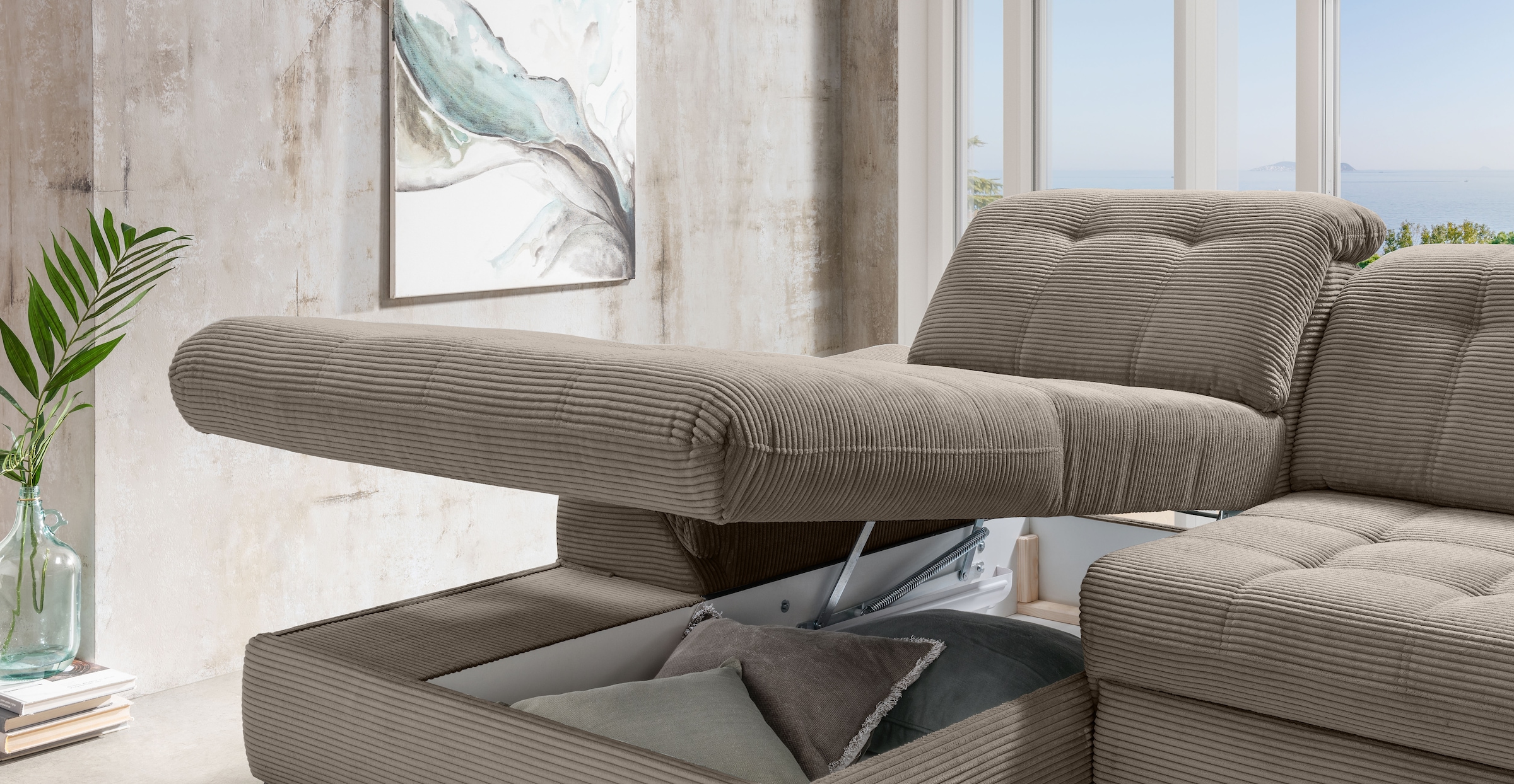 Home affaire Ecksofa »Lazio modern und bequem, schmale Armlehnen, tolle Detailverarbeitung« zwei verschiedene Fußfarben wählbar