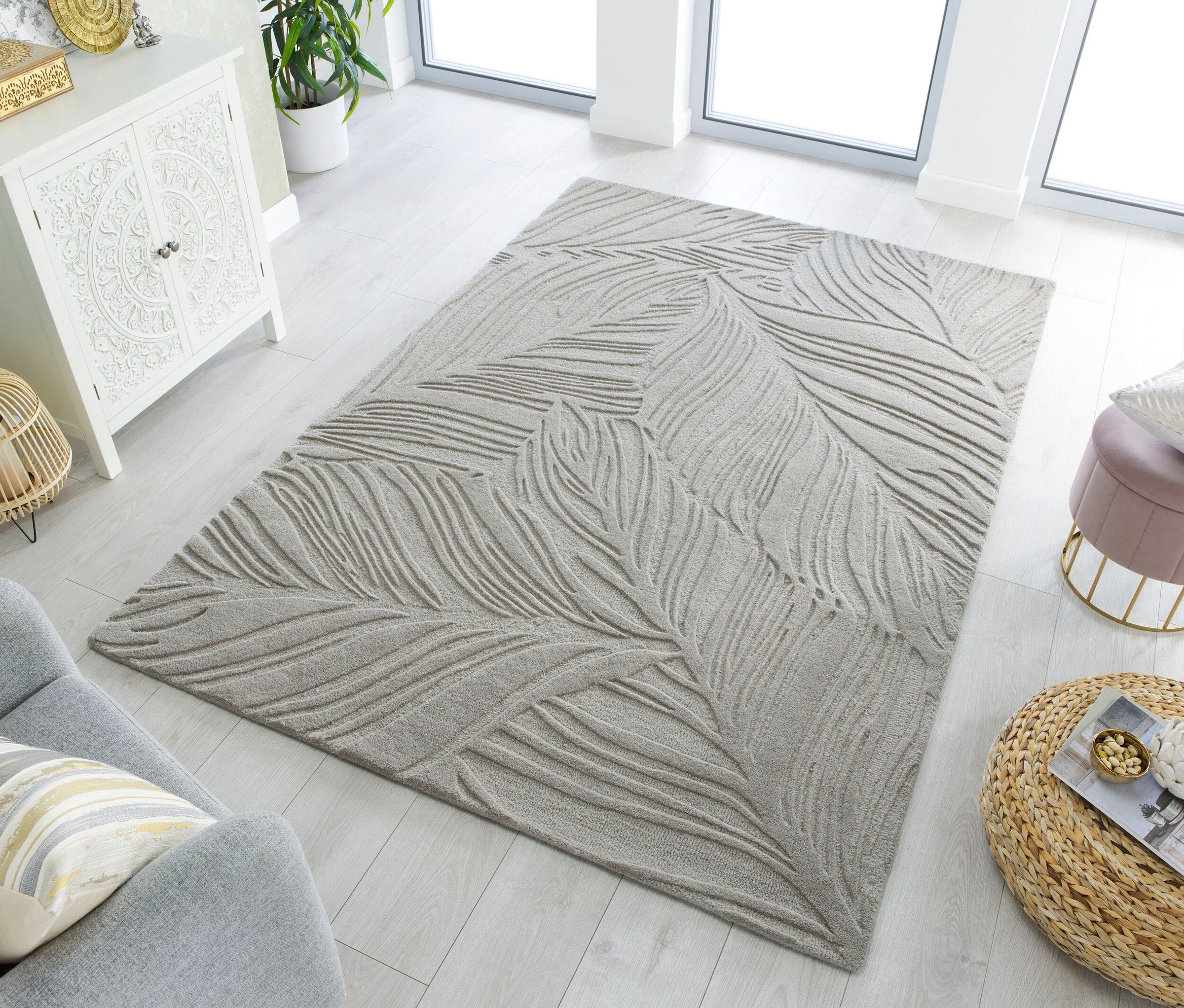 FLAIR RUGS Wollteppich "LINO LEAF" rechteckig 10 mm Höhe Hoch-Tief Effekt günstig online kaufen