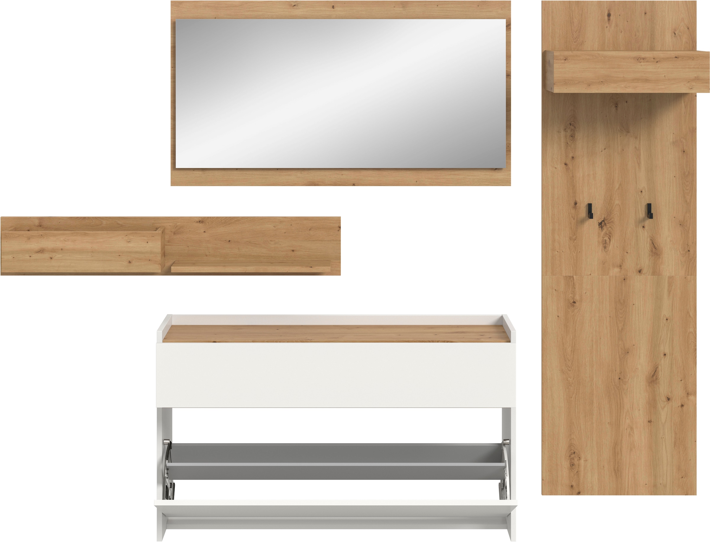 INOSIGN Garderoben-Set »EVRID, 4-teilig, Breite 205 cm, individuell hängbar & erweiterbar« best. aus.: Wandboard, Kommode, Spiegel, Garderobenpaneel, 4 Stk. tlg. Garderobenkombination, Garderobe, Wandgarderobe, Flur, Diele
